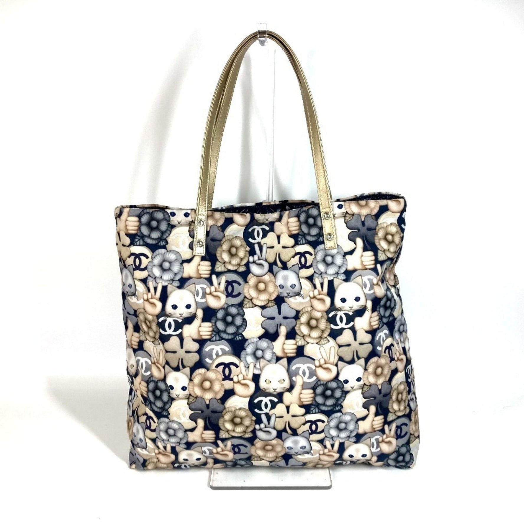 CHANEL Cat Choupette Camellia Tote Bag with Pouch, Shoulder Bag, Leather and Nylon, Blue