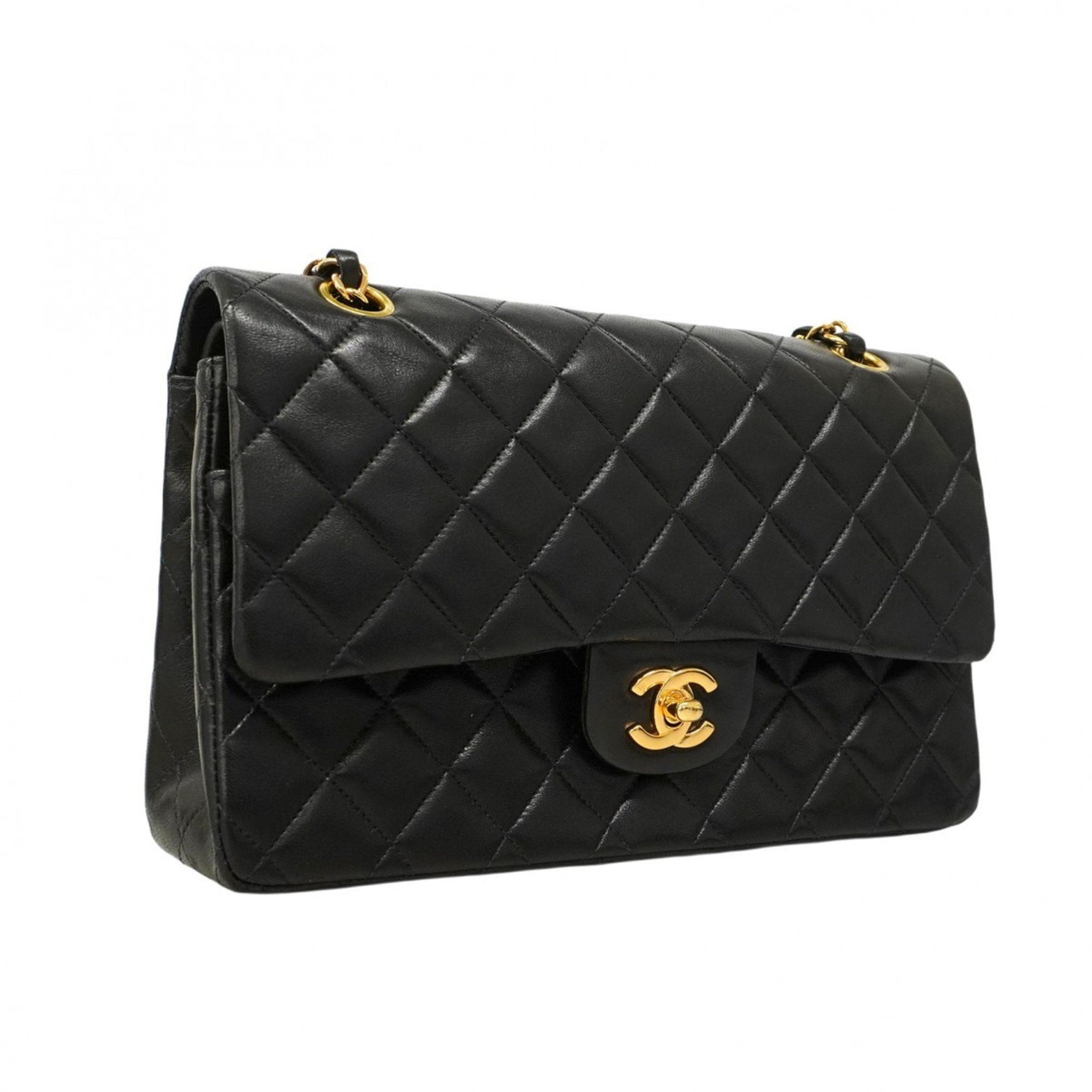 Chanel Matelasse Shoulder Bag with Double Flap and Chain, Lambskin, Black, Women's