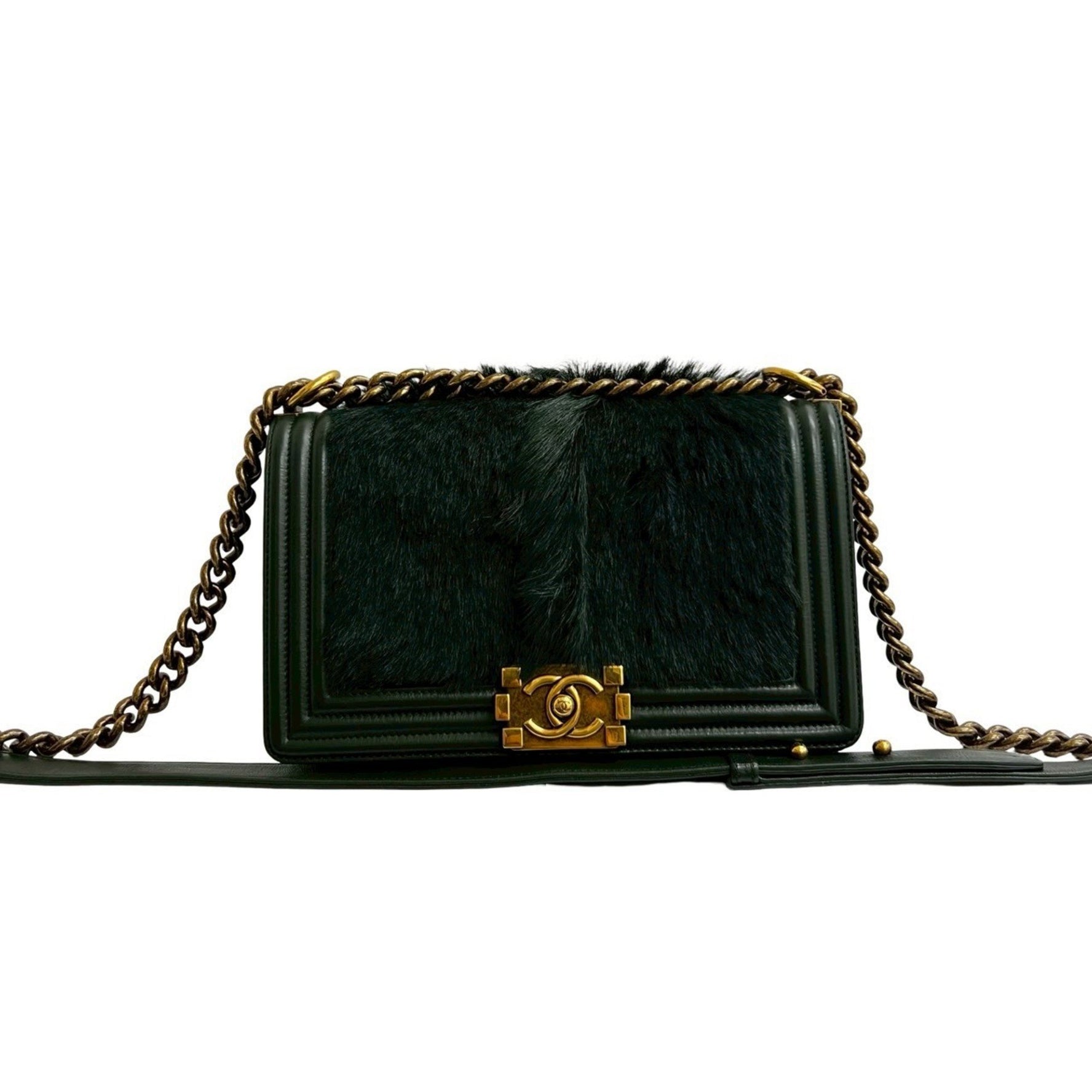 Seal No. 21 CHANEL Boy Coco Mark Lambskin Leather and Rabbit Fur Chain Shoulder Bag 225-1