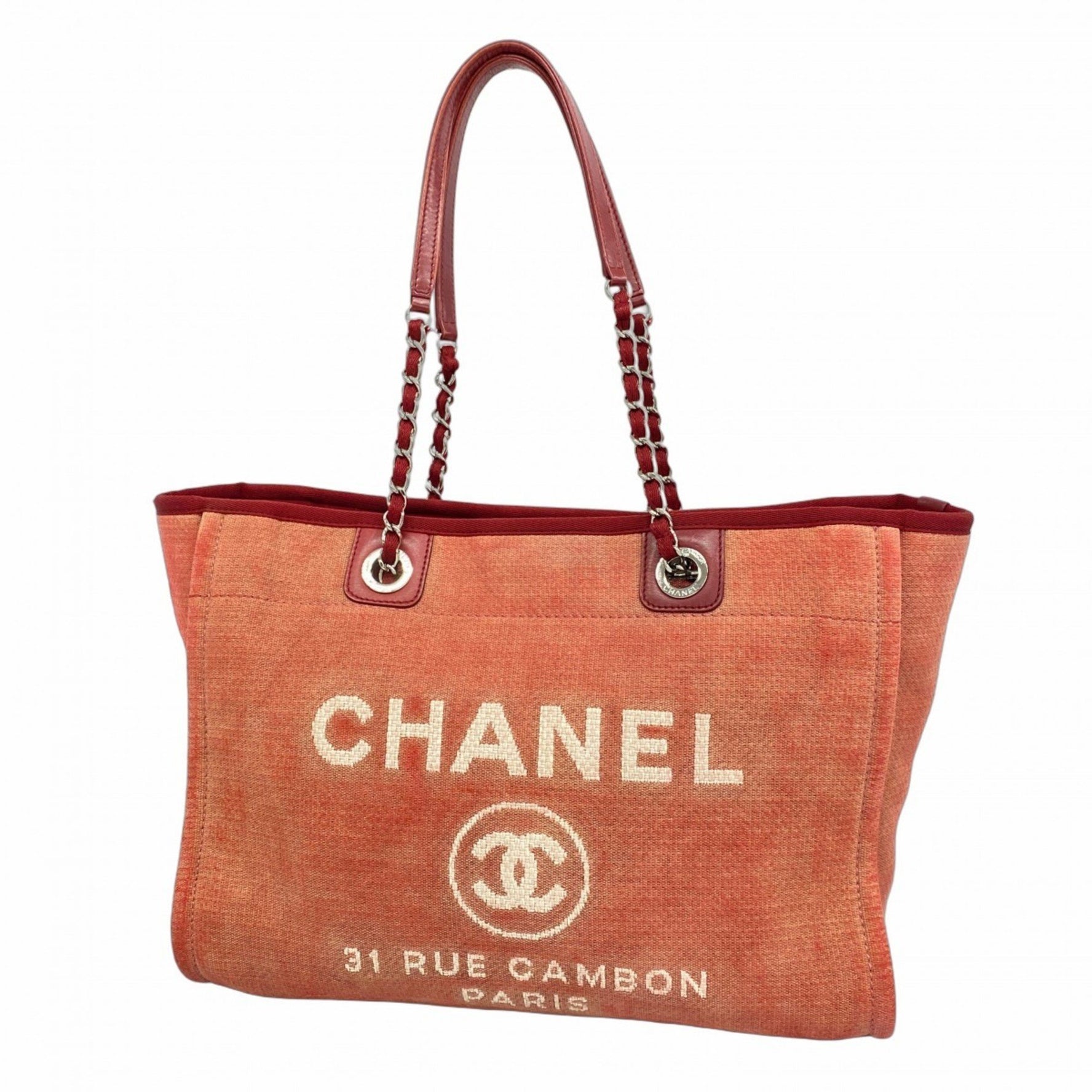 Chanel Deauville Tote Bag with Chain Shoulder Strap, Red Canvas