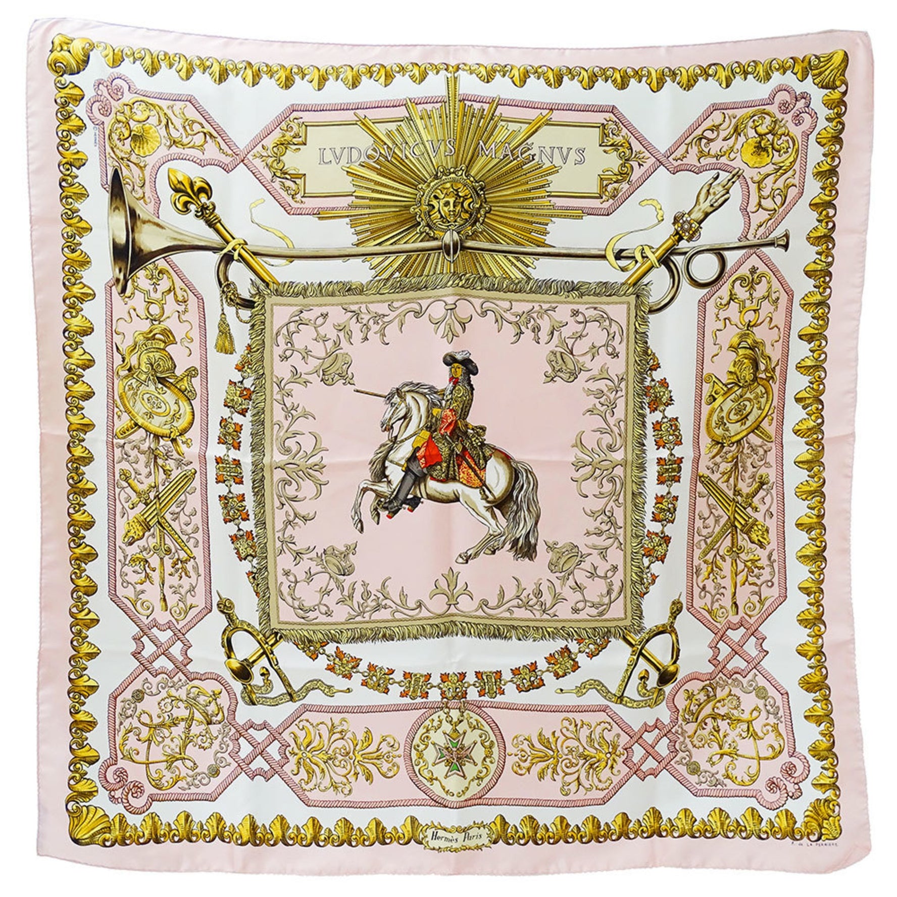 Hermes Hermès Carré 90 Scarf by LVDOVICVS MAGNVS, featuring Louis XIV on a white horse. This elegant, large, silk scarf features gorgeous design in pink and yellow.