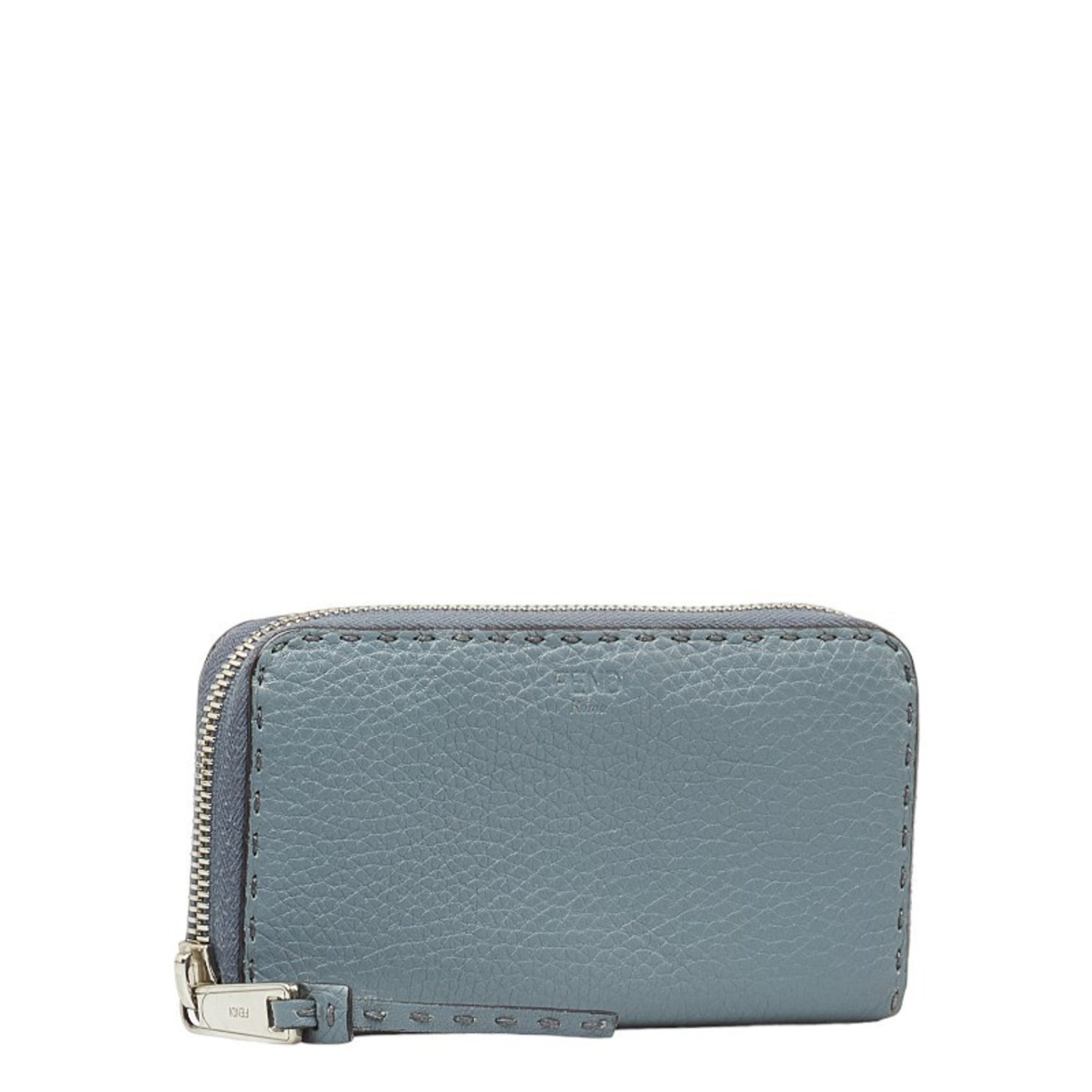 FENDI Selleria Round Long Wallet Blue Grey Leather