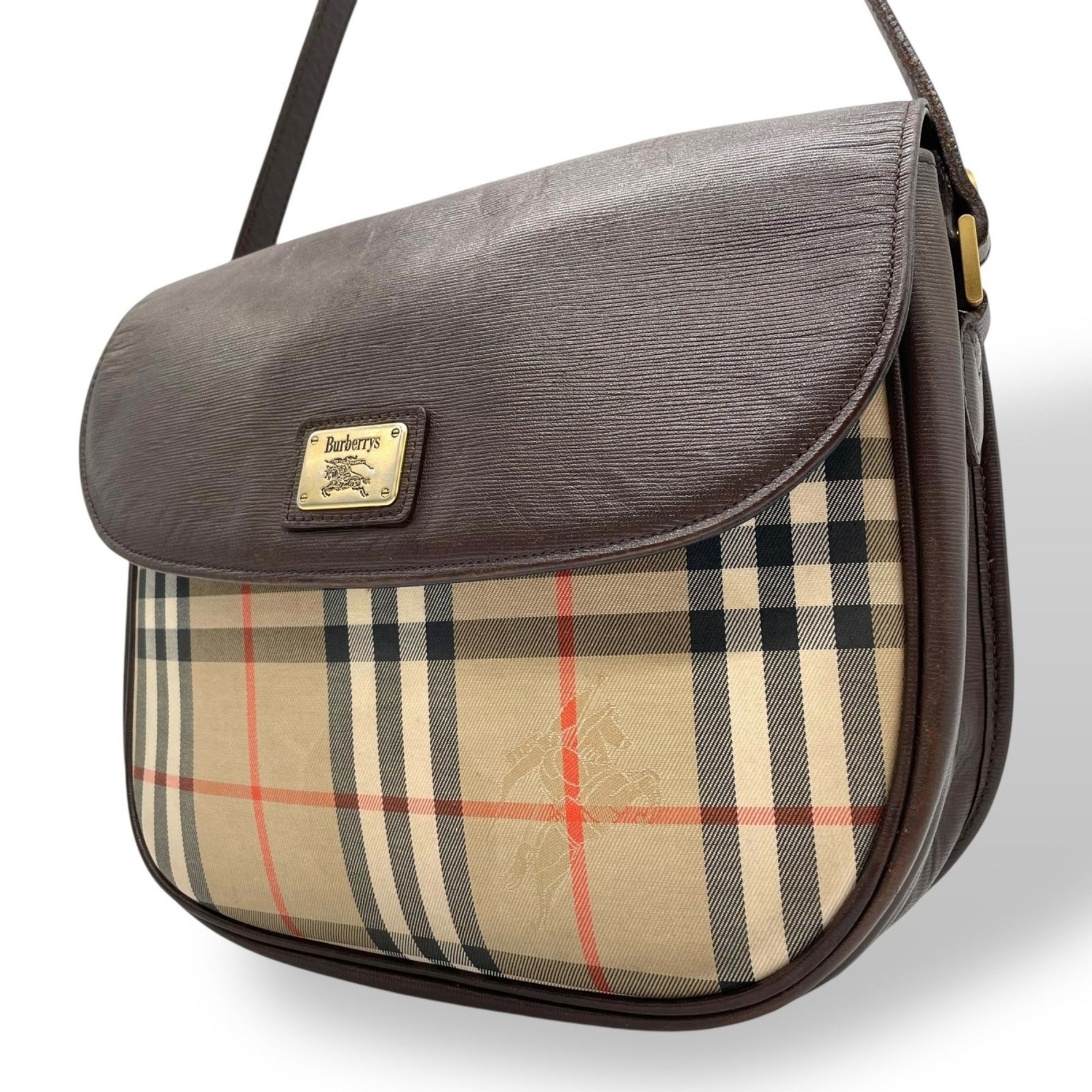 BURBERRY Shoulder Bag, Sacoche, Flap, Nova Check Canvas and Leather, Brown, Horse Logo, Shadow Horse, Men's/Women's