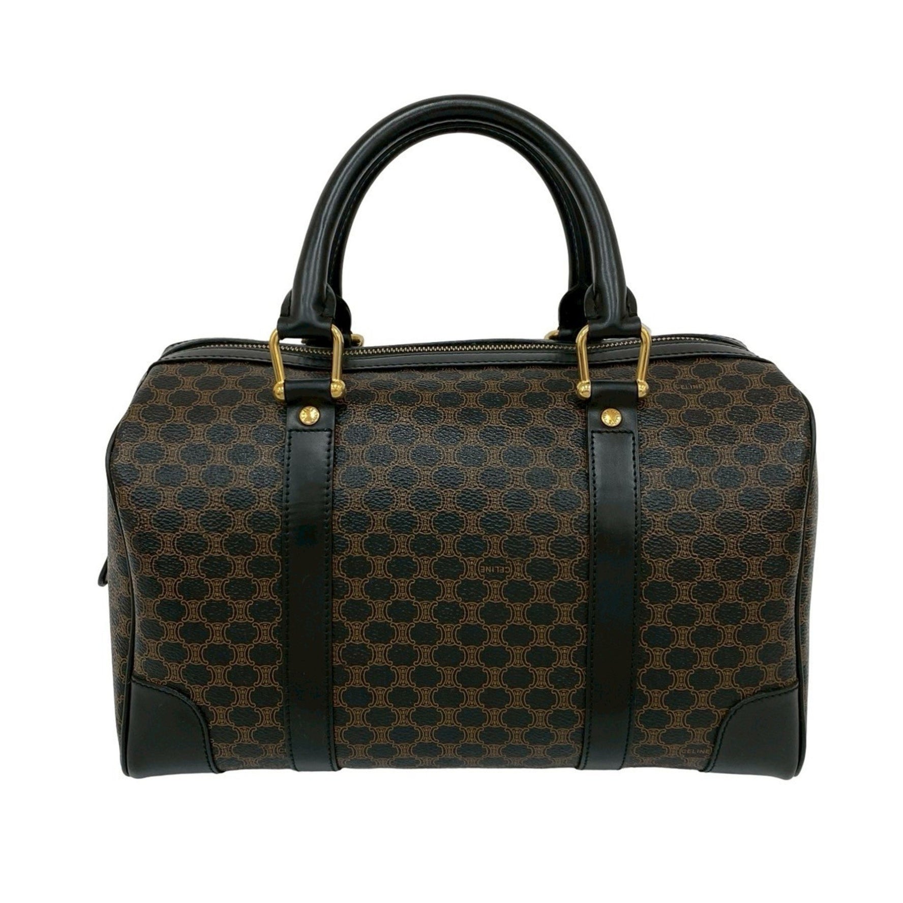 CELINE Vintage Macadam Blason Pattern Leather Handbag/Mini Boston Bag in Black and Brown (70-10)