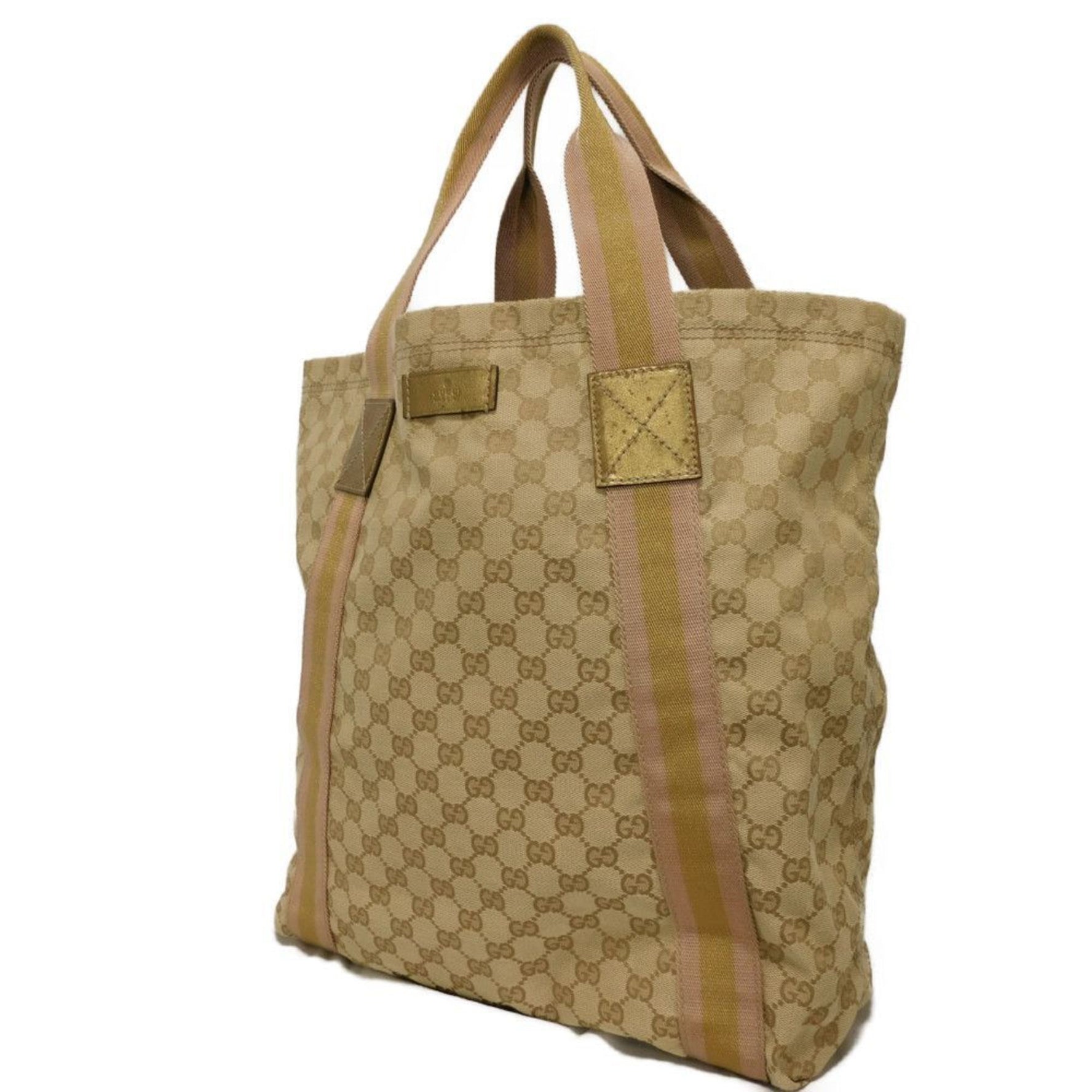 Gucci Tote Bag, GG Canvas, Cotton Calfskin, Light Pink, Gold Embossed