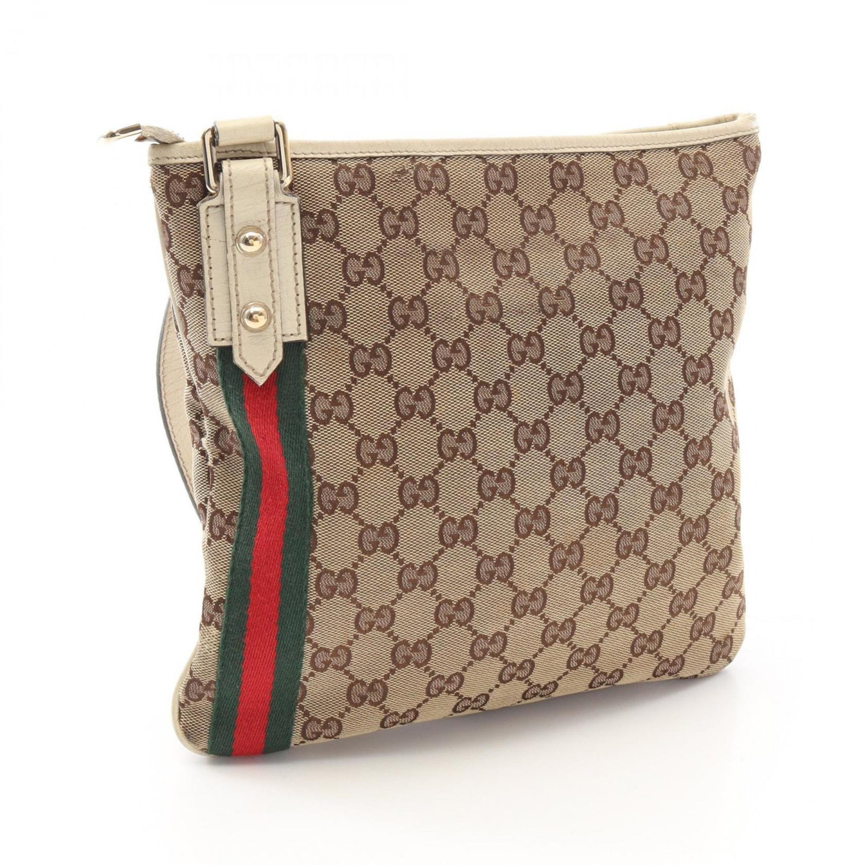 Gucci GG Canvas Sherry Line Shoulder Bag, and Leather, Beige, Brown, White