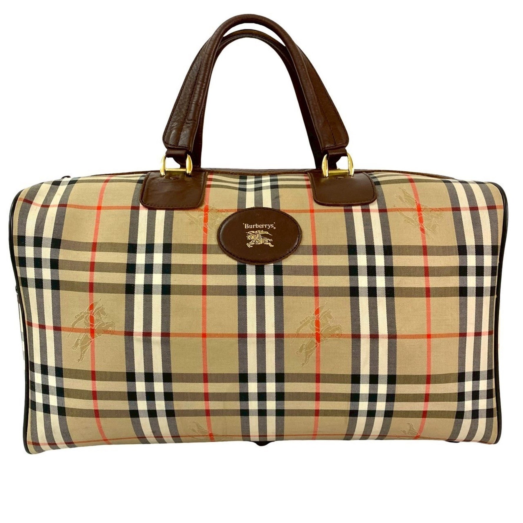 Burberry Nova Check Shadow Horse Logo Canvas and Leather Boston Bag, Brown/Beige