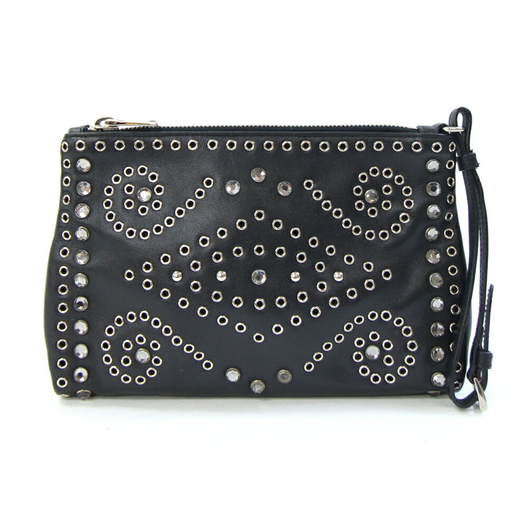 Prada Clutch Bag Black and Red Leather with Strap, Mini Pouch, Punching, Beads, Studs