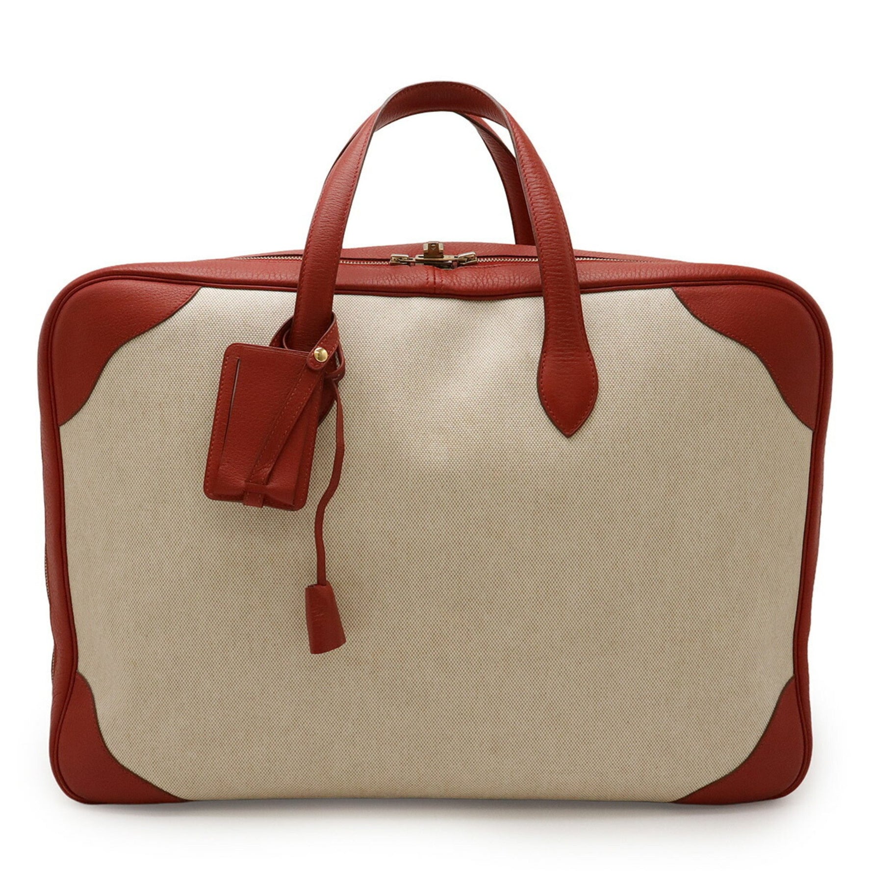 HERMES Victoria 50 Boston/Travel Bag in Canvas and Coated Leather, Beige Red