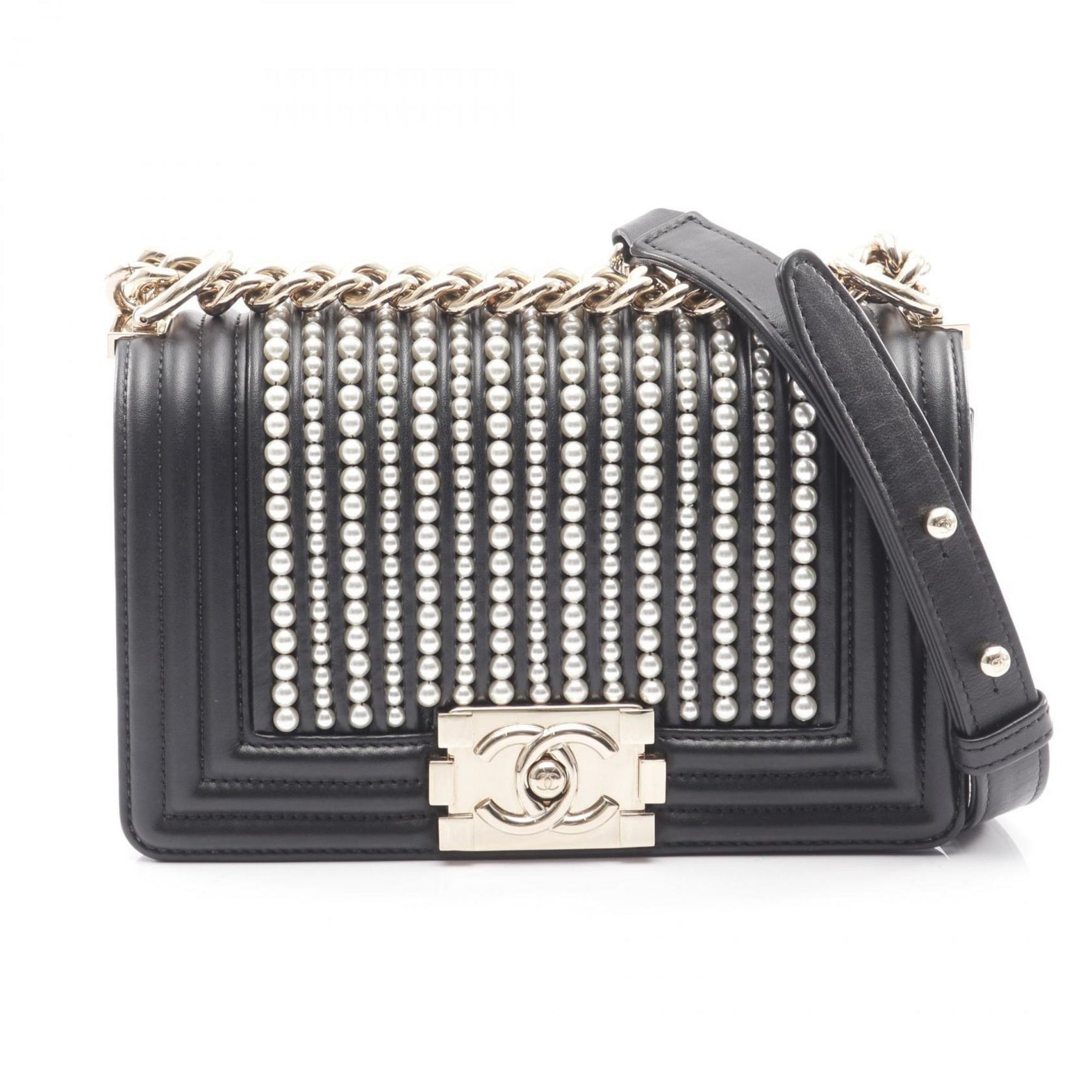 CHANEL Boy Small Shoulder Bag in Lambskin with Faux Pearls, and Ivory