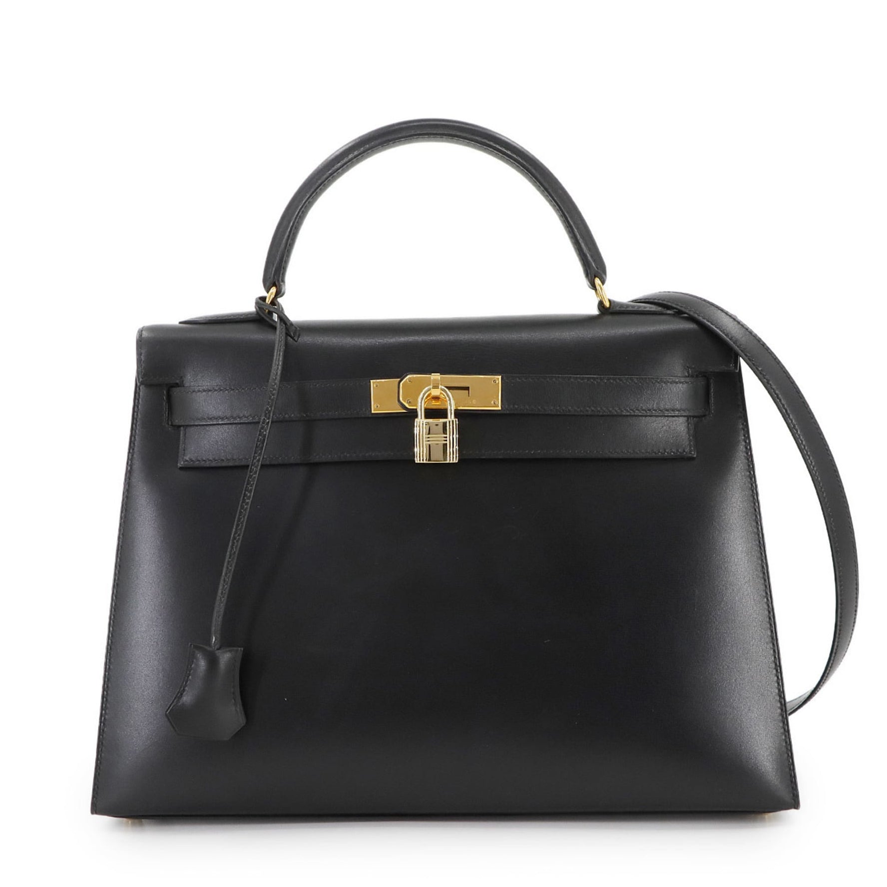 Hermes Hermès Kelly 32 Box Calf Leather Black 2-Way Handbag Shoulder Bag with External Stitching, 〇Z Stamp, Made in 1996, Gold Hardware