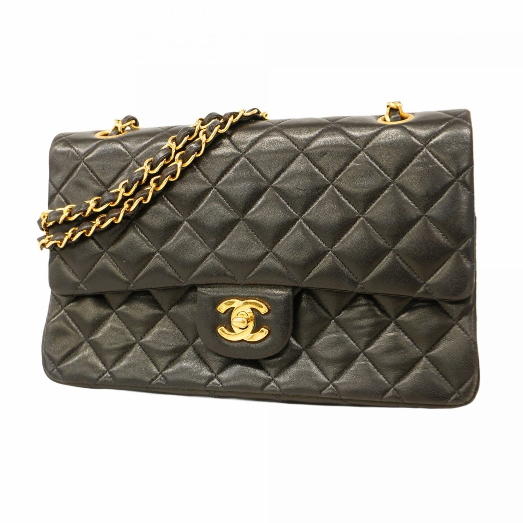 Chanel Matelasse Shoulder Bag with Double Flap and Chain, Lambskin, Black, Women's