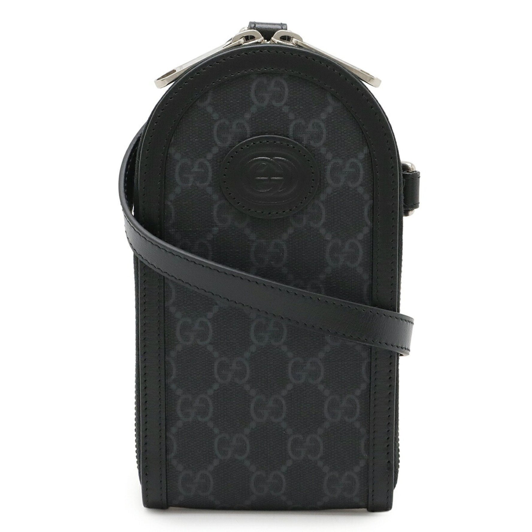GUCCI GG Supreme Phone Holder Shoulder Bag/Pouch/Smartphone Pouch in PVC and Leather (Black/Gray)
