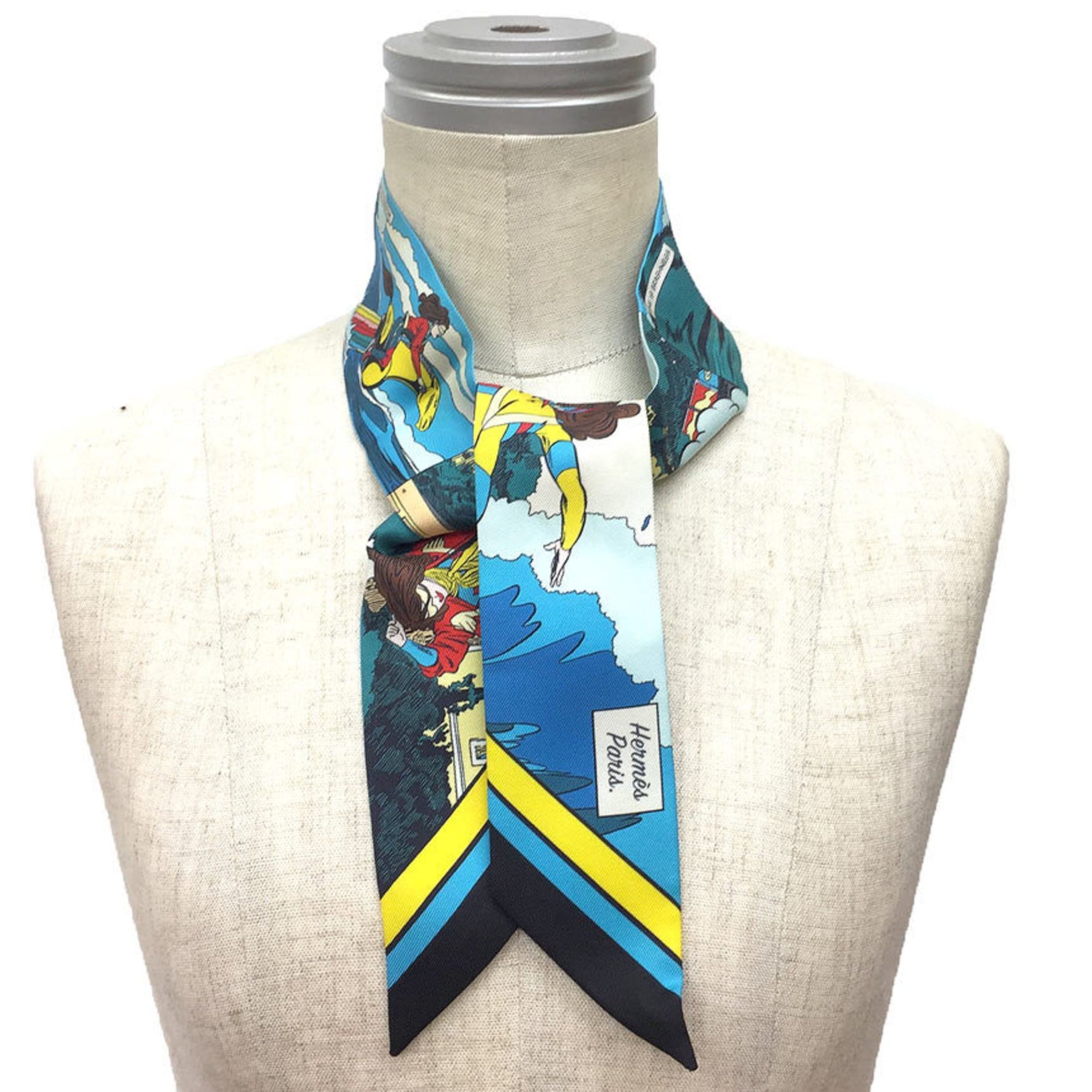 HERMES Twilly Scarf WOW 2021 American Comic Style Ribbon Tie Manga Azure 100% Silk