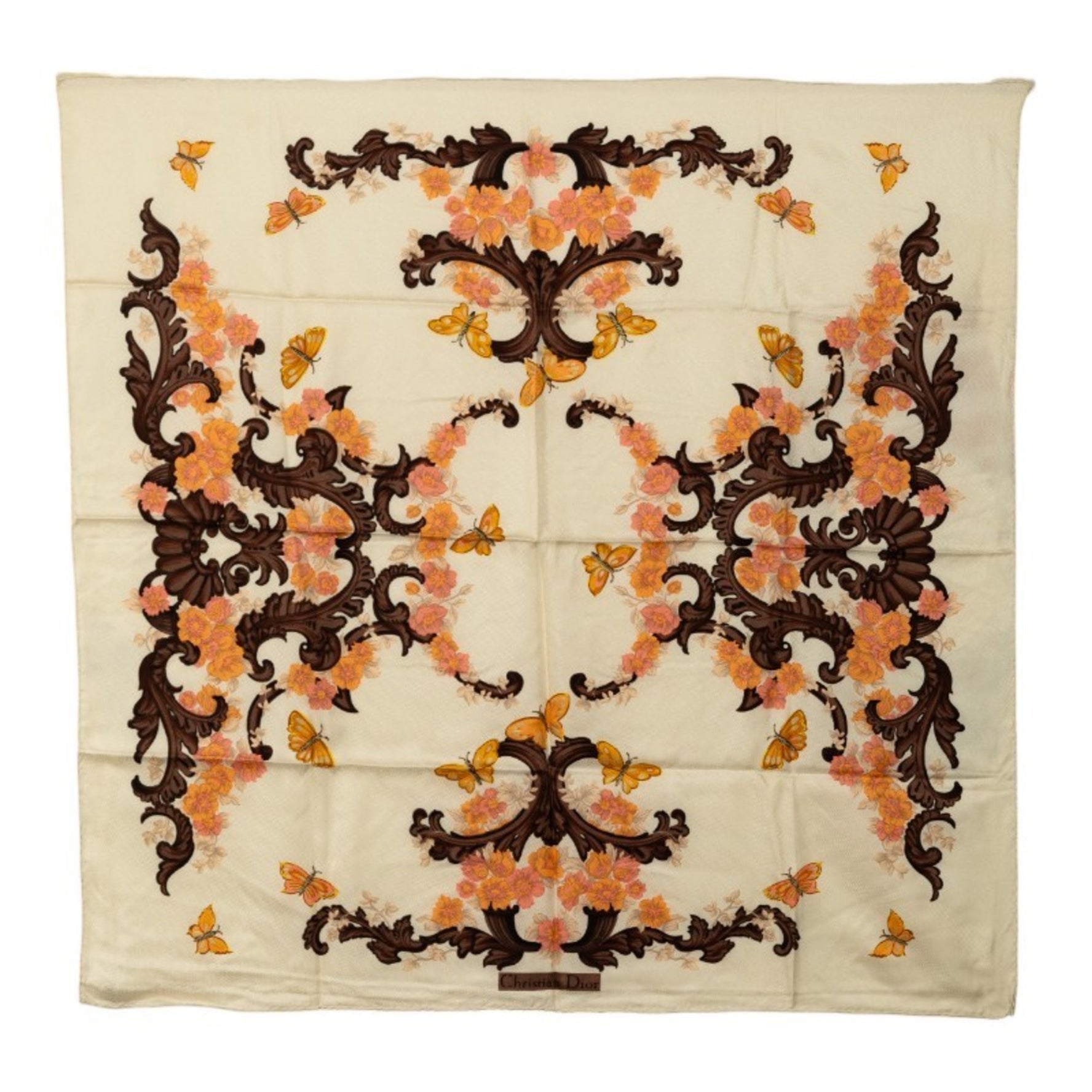 Christian Dior Dior Flower Butterfly Scarf Muffler Beige Multicolor Silk
