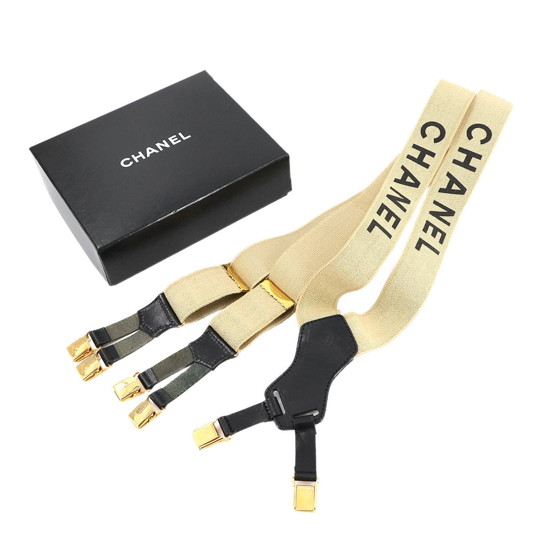 CHANEL Suspenders Canvas Leather Beige Black Gold Metal Fittings Suspender