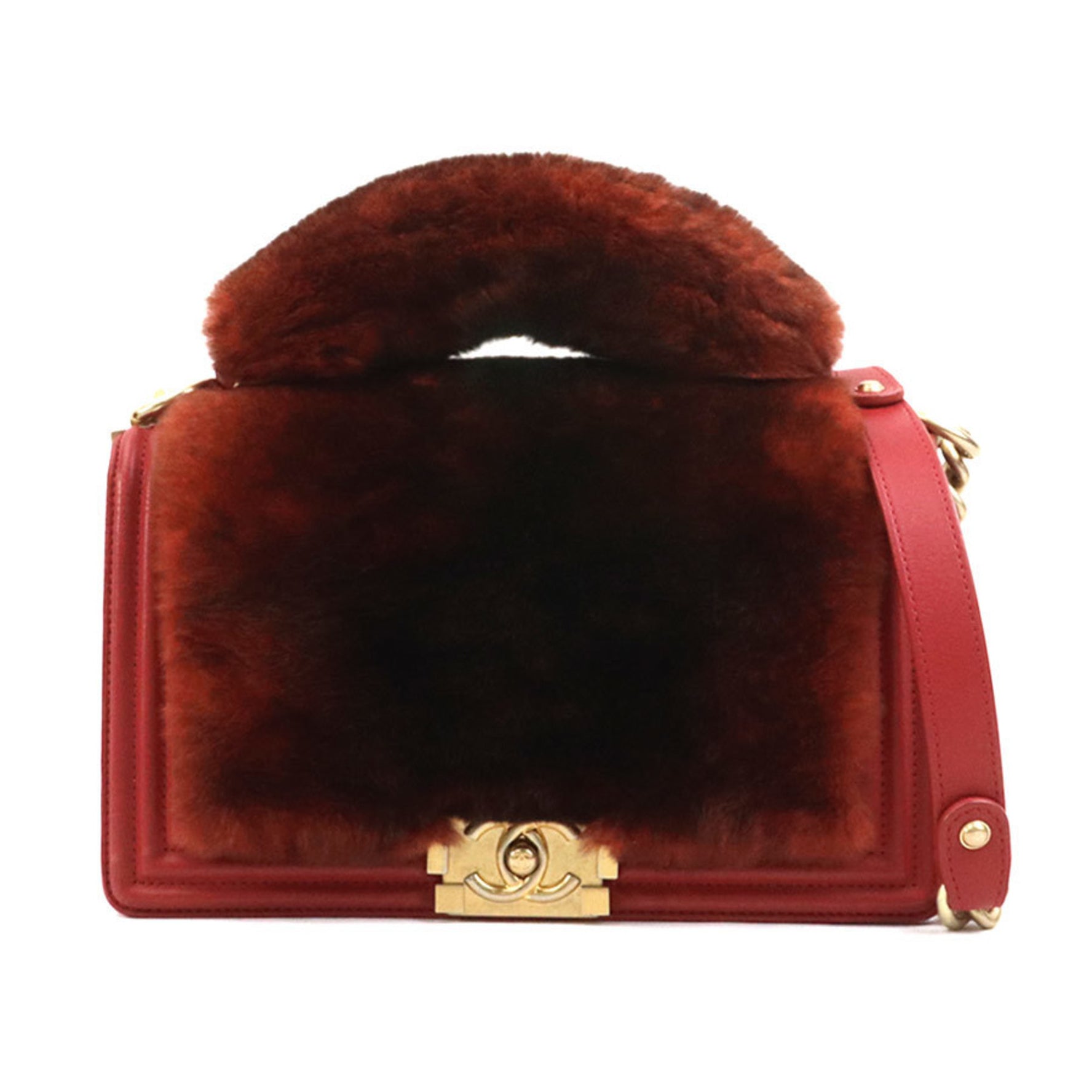 CHANEL Handbag Shoulder Bag Boy Fur Leather Brown Red Gold