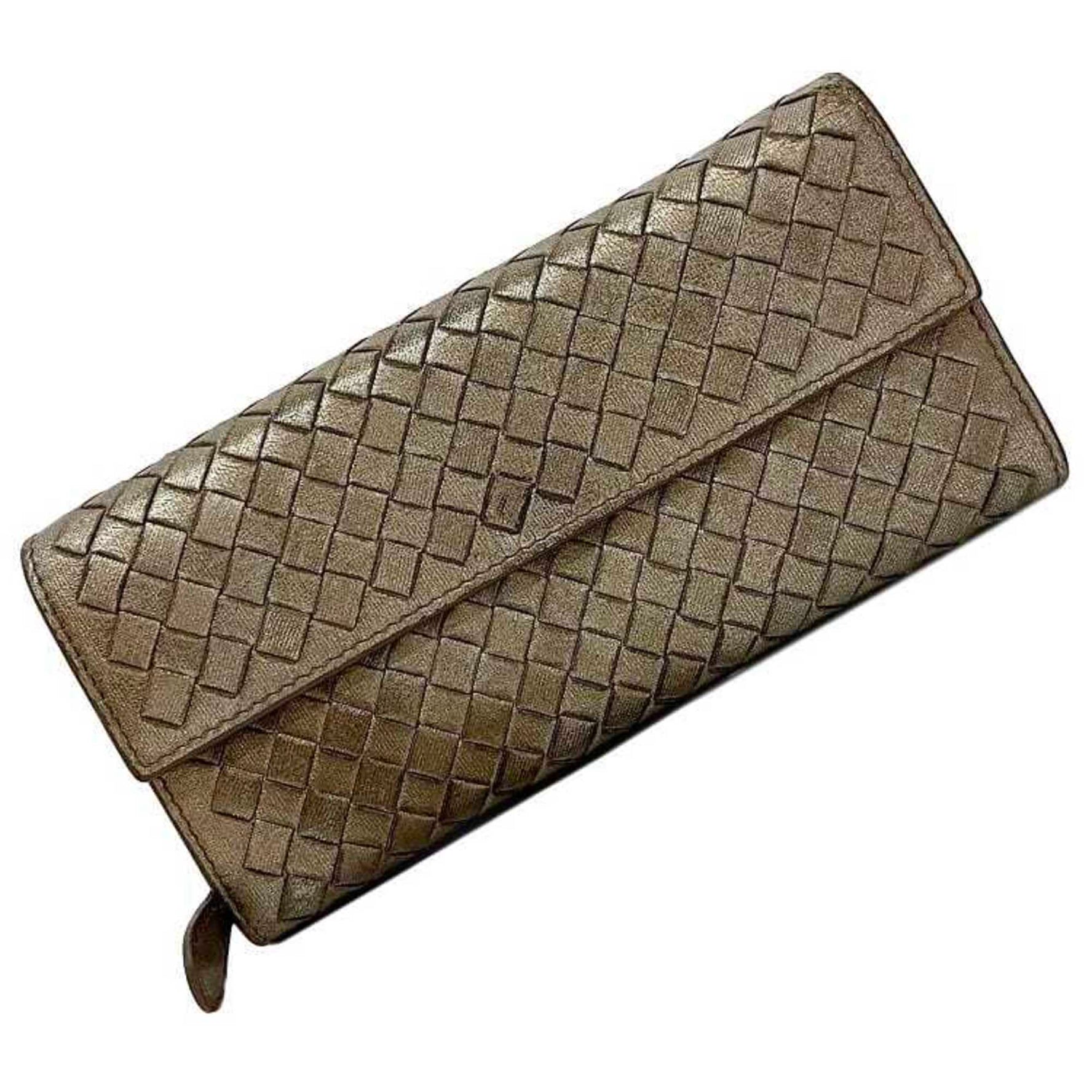 Bottega Veneta Bifold Long Wallet Brown Metallic Intrecciato Leather BOTTEGA VENETA Flap Silver