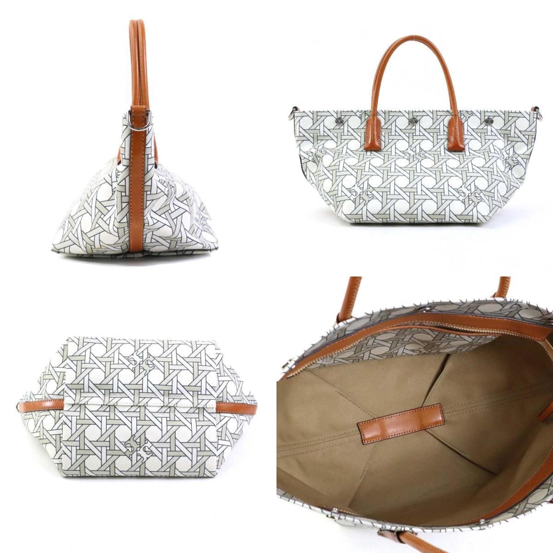 Tory Burch handbag shoulder bag nylon canvas leather white x brown women's 56092a
