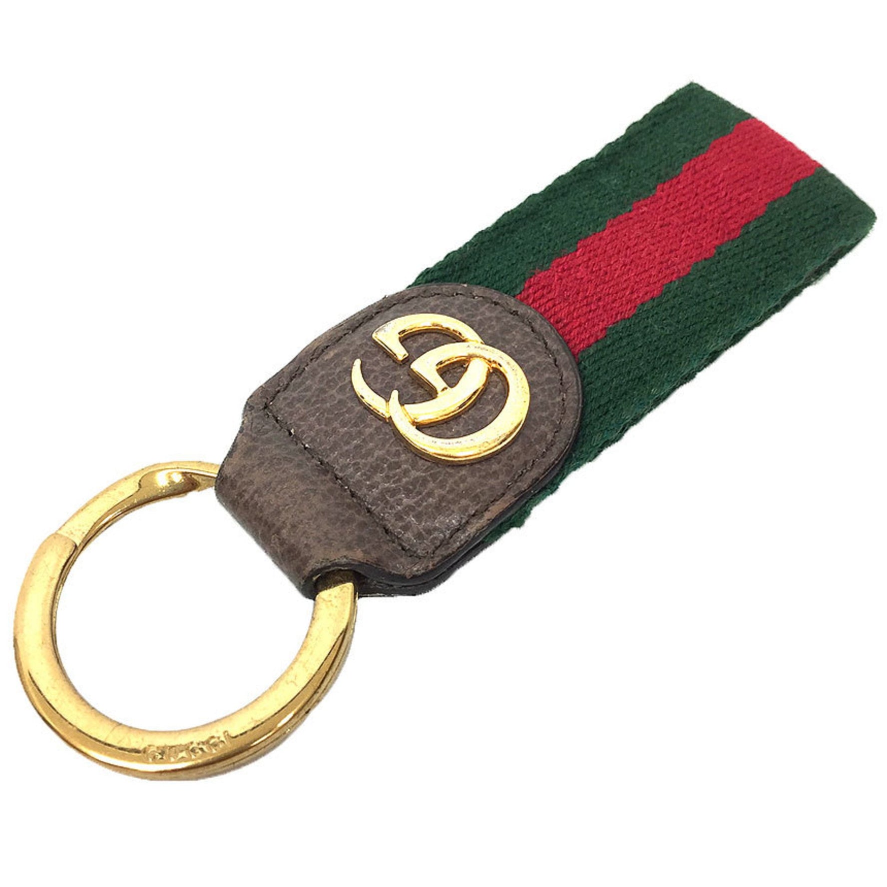 GUCCI GG Webbing Line Key Ring Holder Leather x Canvas Green Red