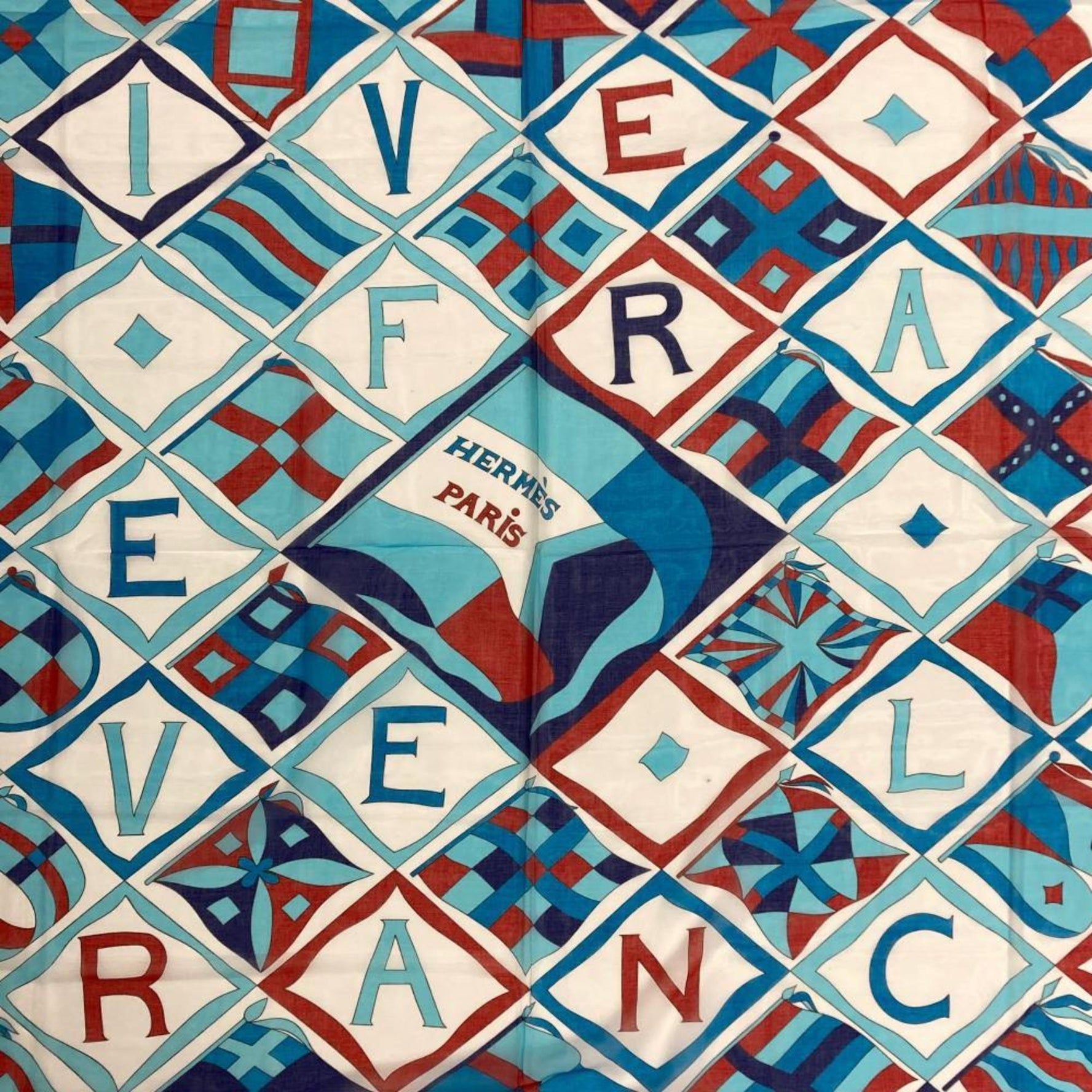 Hermes Pareo VIVE LA FRANCE Large Stole Scarf Muffler Cotton Blue