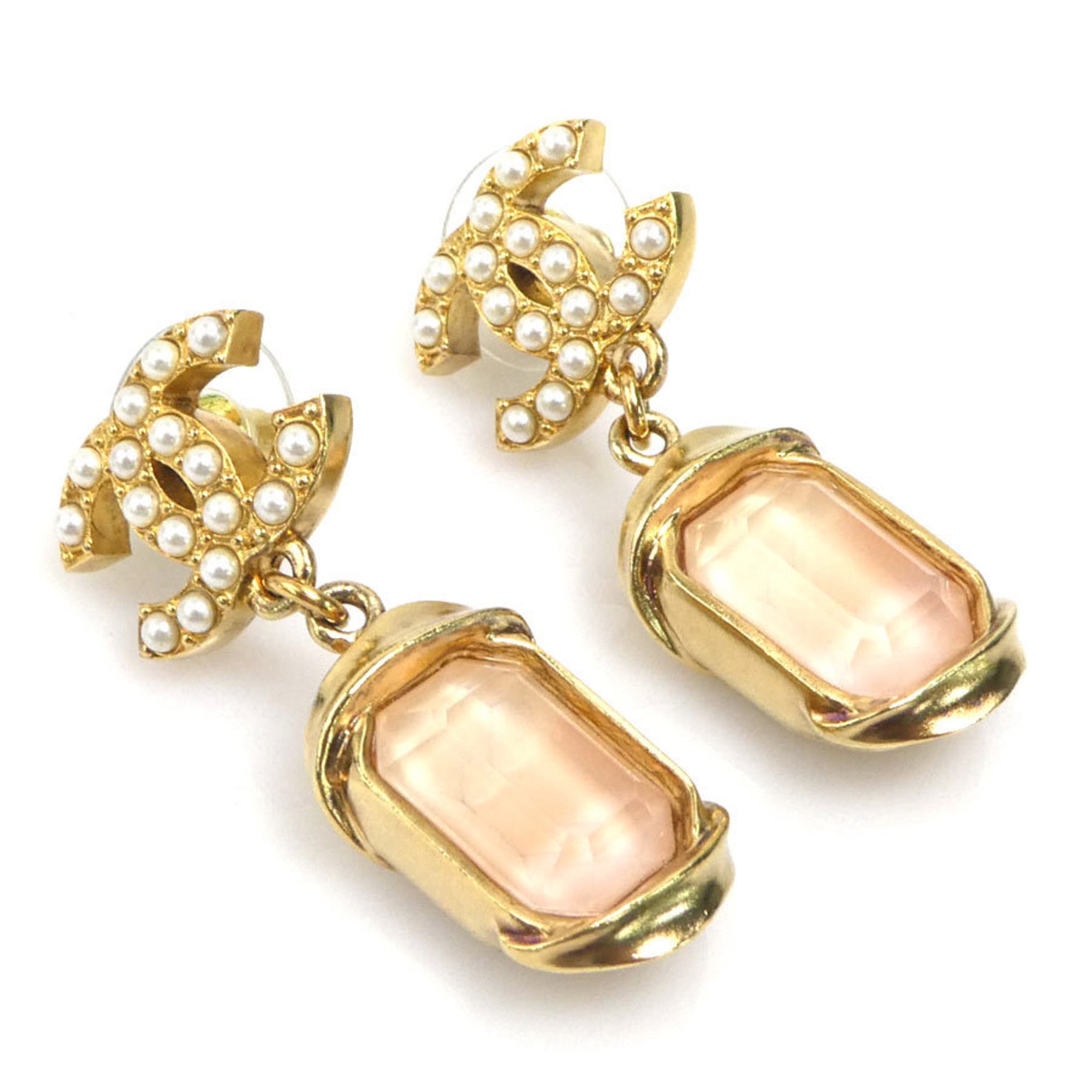 CHANEL Earrings Coco Mark Metal Faux Pearl Stone Gold Off-White Pink Women's
