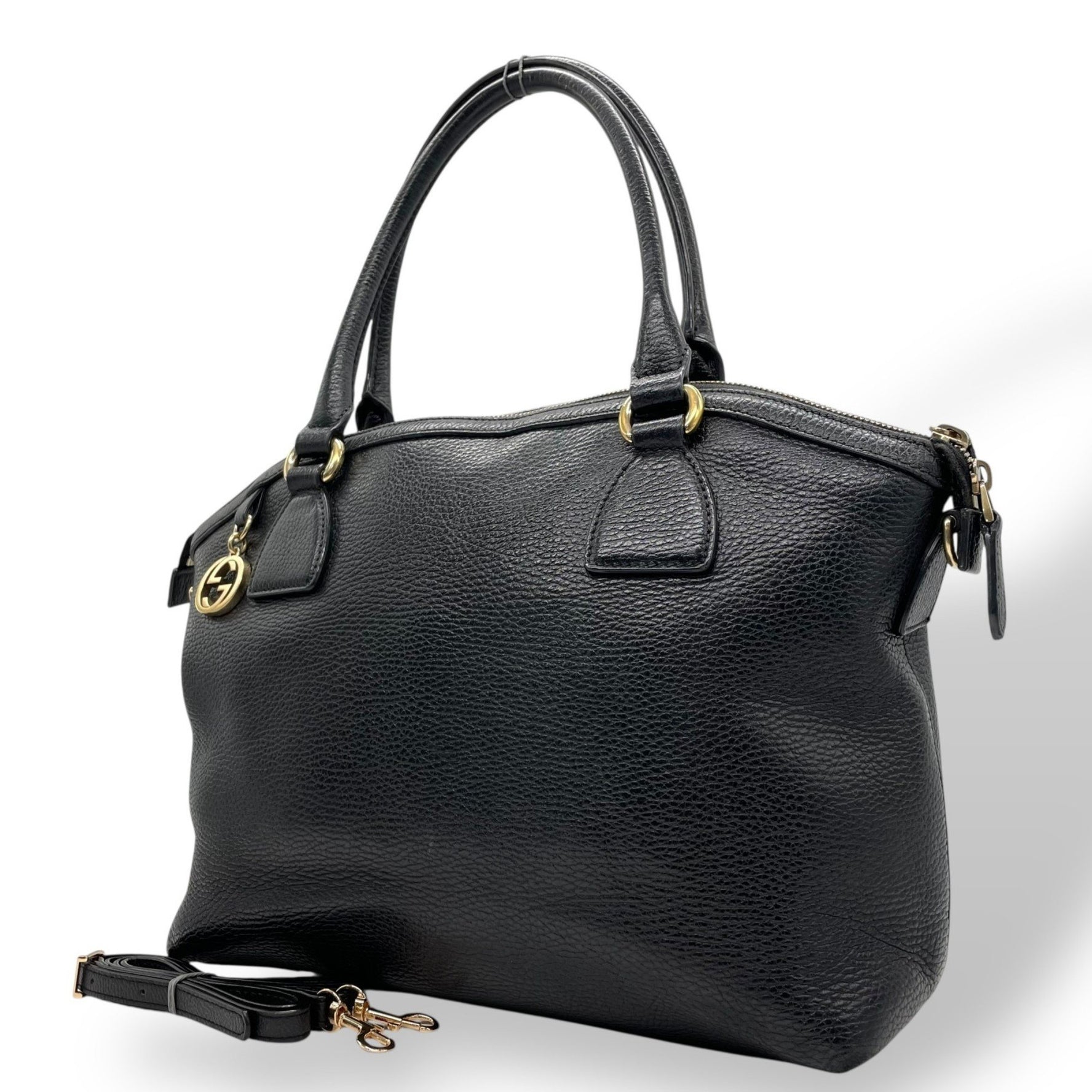 GUCCI 2-Way Handbag/Shoulder Bag Interlocking G Black Leather with Gold Hardware, Crossbody Bag, Women's D