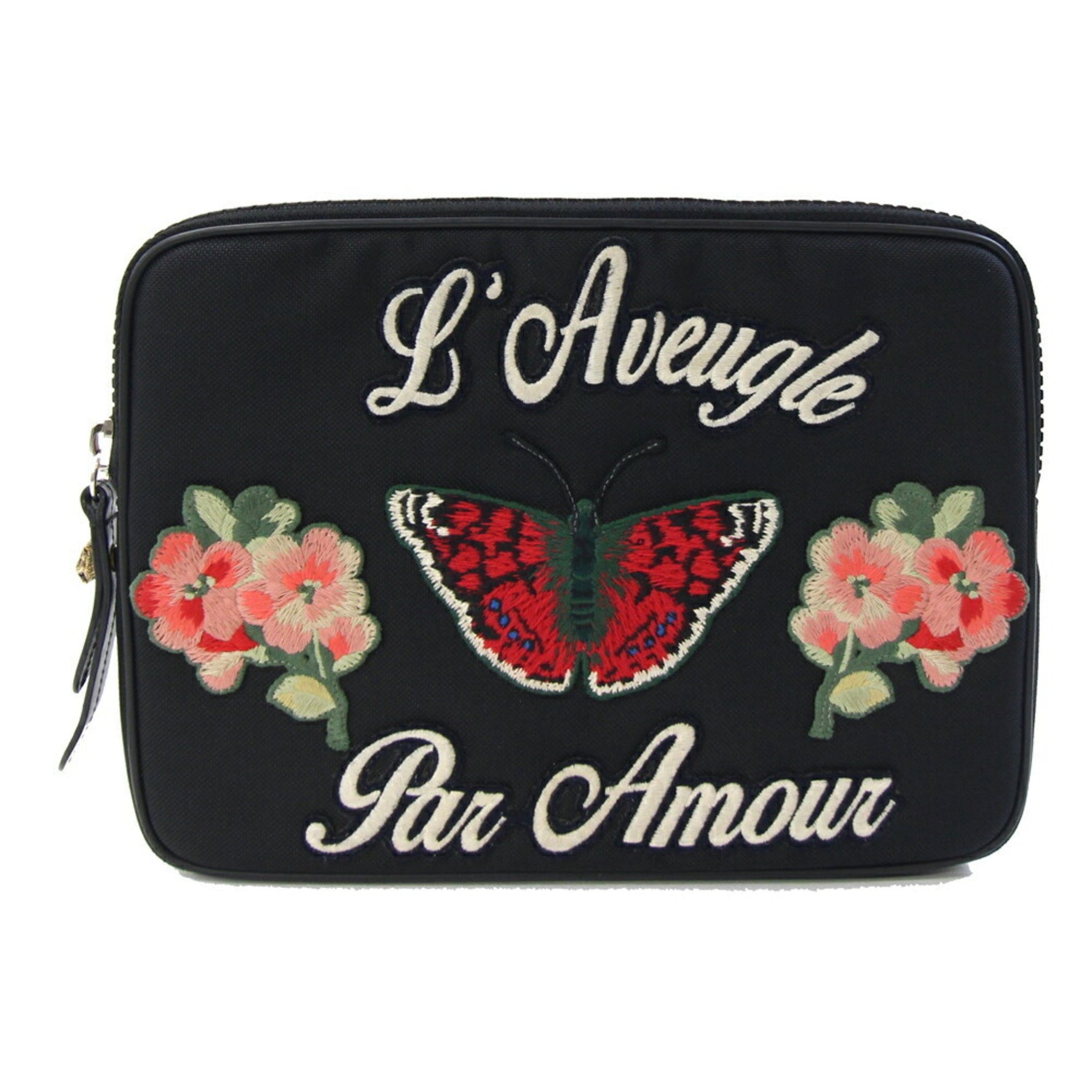 Gucci Clutch Bag Embroidered Laptop Case Canvas Leather Tablet Pouch Butterfly