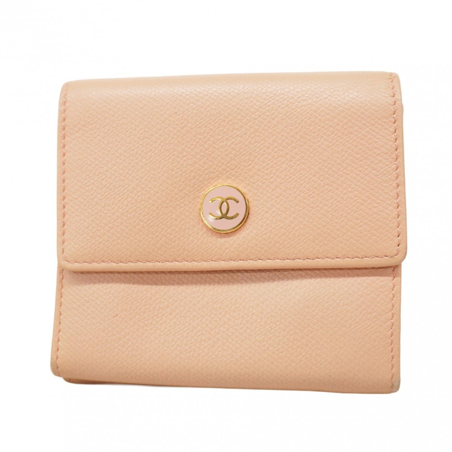 Chanel Tri-fold Wallet with Coco Button, Leather, Pink Beige