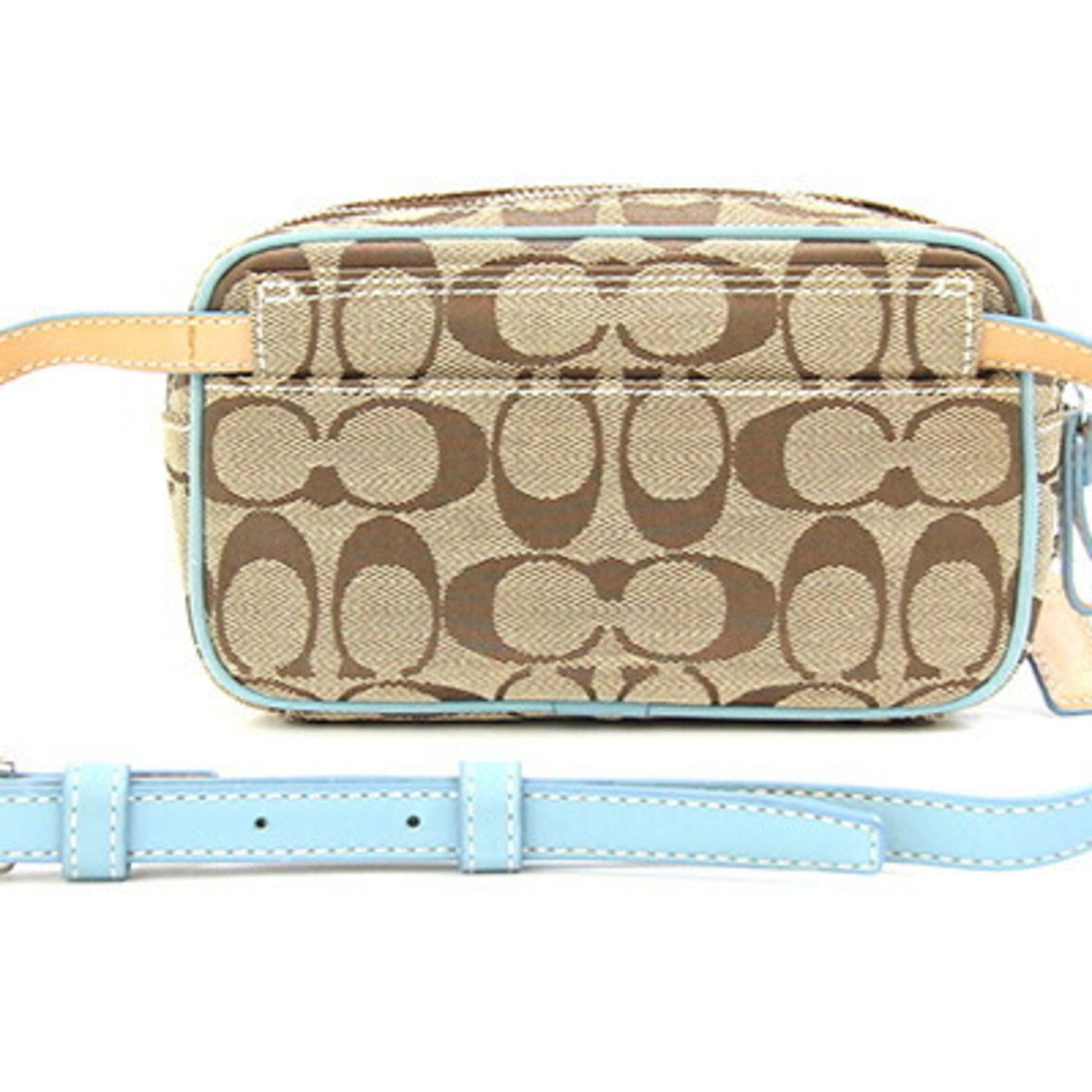 Coach Waist Bag Signature Khaki Light Blue Canvas Leather Hip Pouch Body