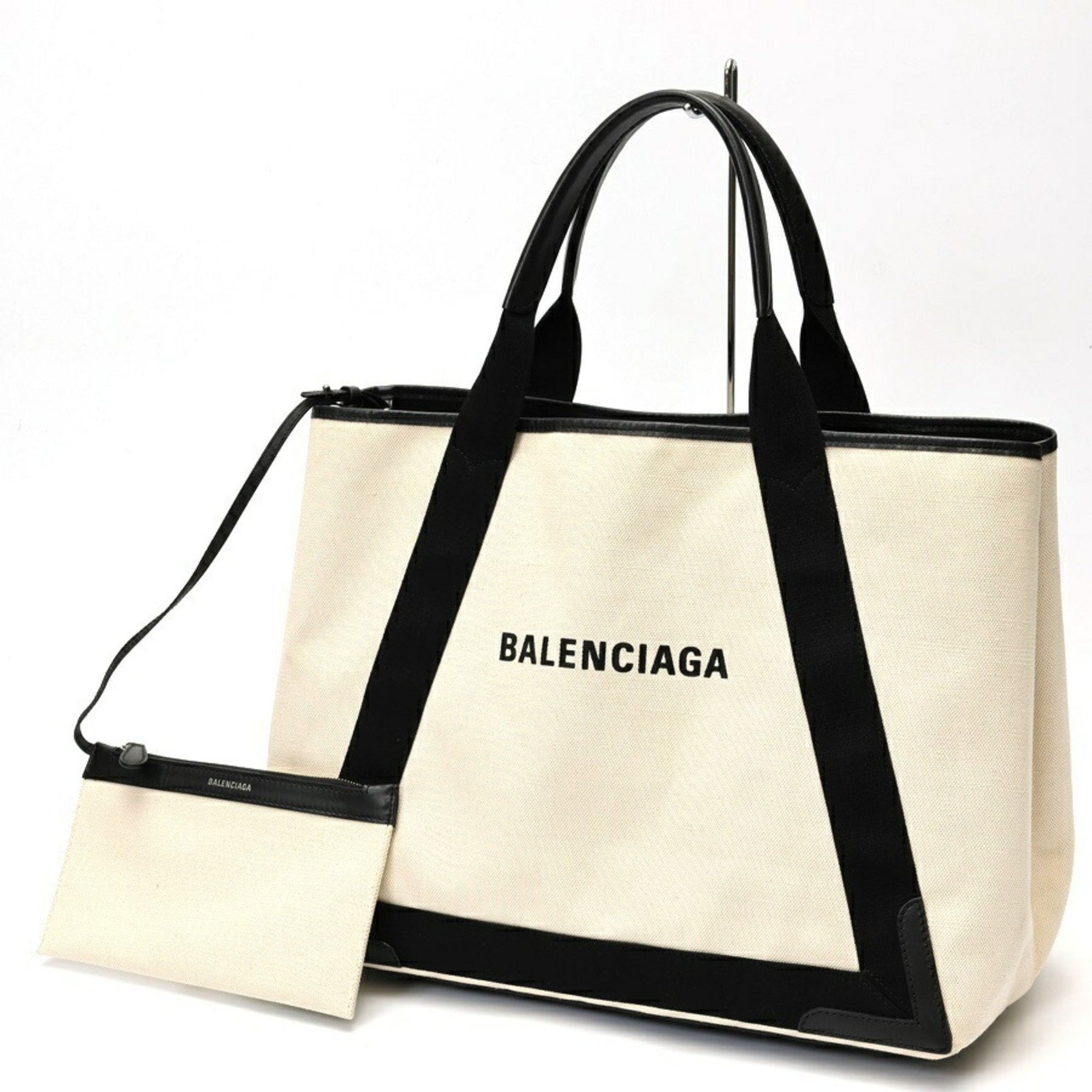 Balenciaga Navy Cabas M Tote Bag Canvas Leather Natural