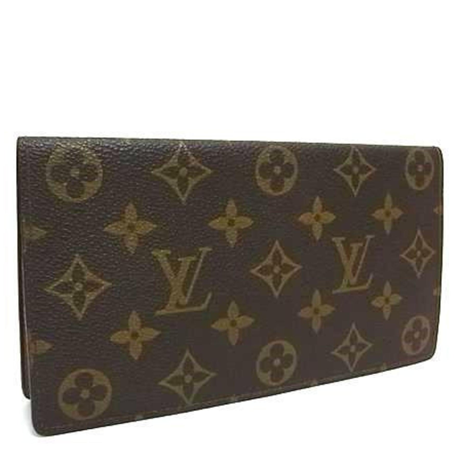 LOUIS VUITTON Monogram Porte Chequier Double Wallet Brown Leather Bifold Long