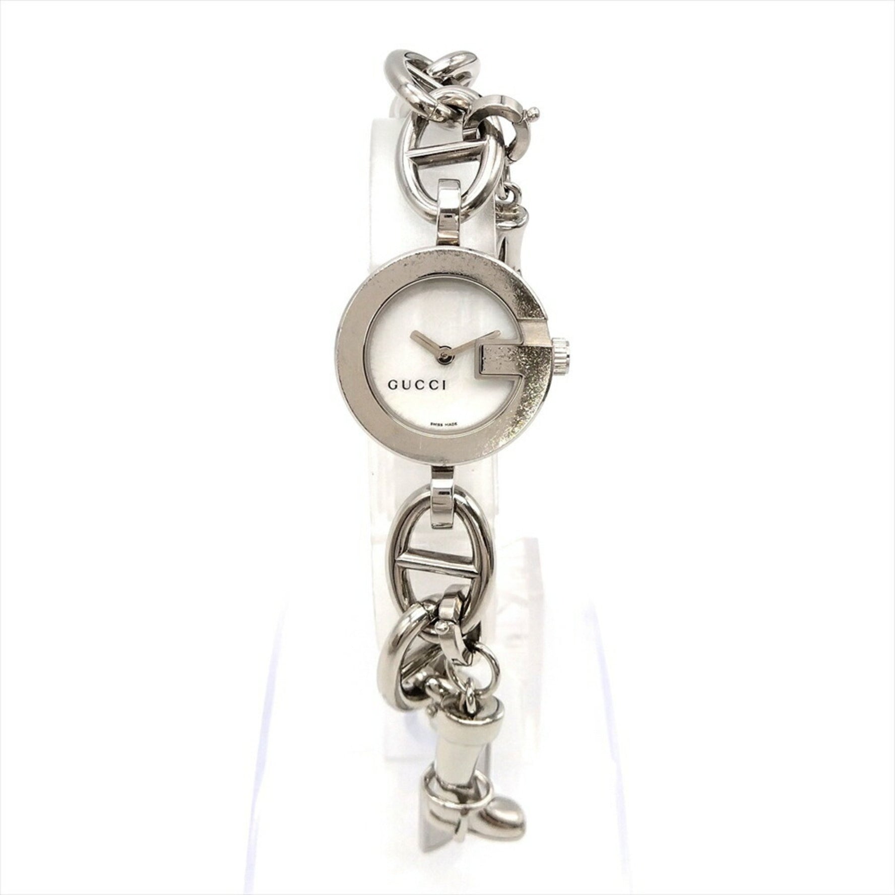 Gucci 107 G Charm Watch White Shell Dial Chain Working Women's