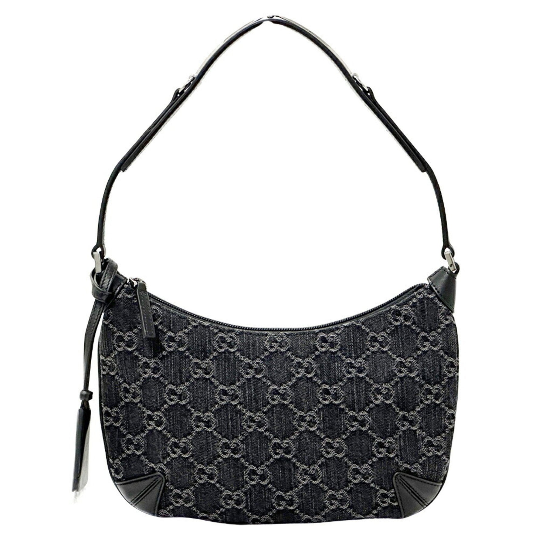 Gucci Women's GG Denim Horsebit Shoulder Bag in Black and Grey Leather (774719)