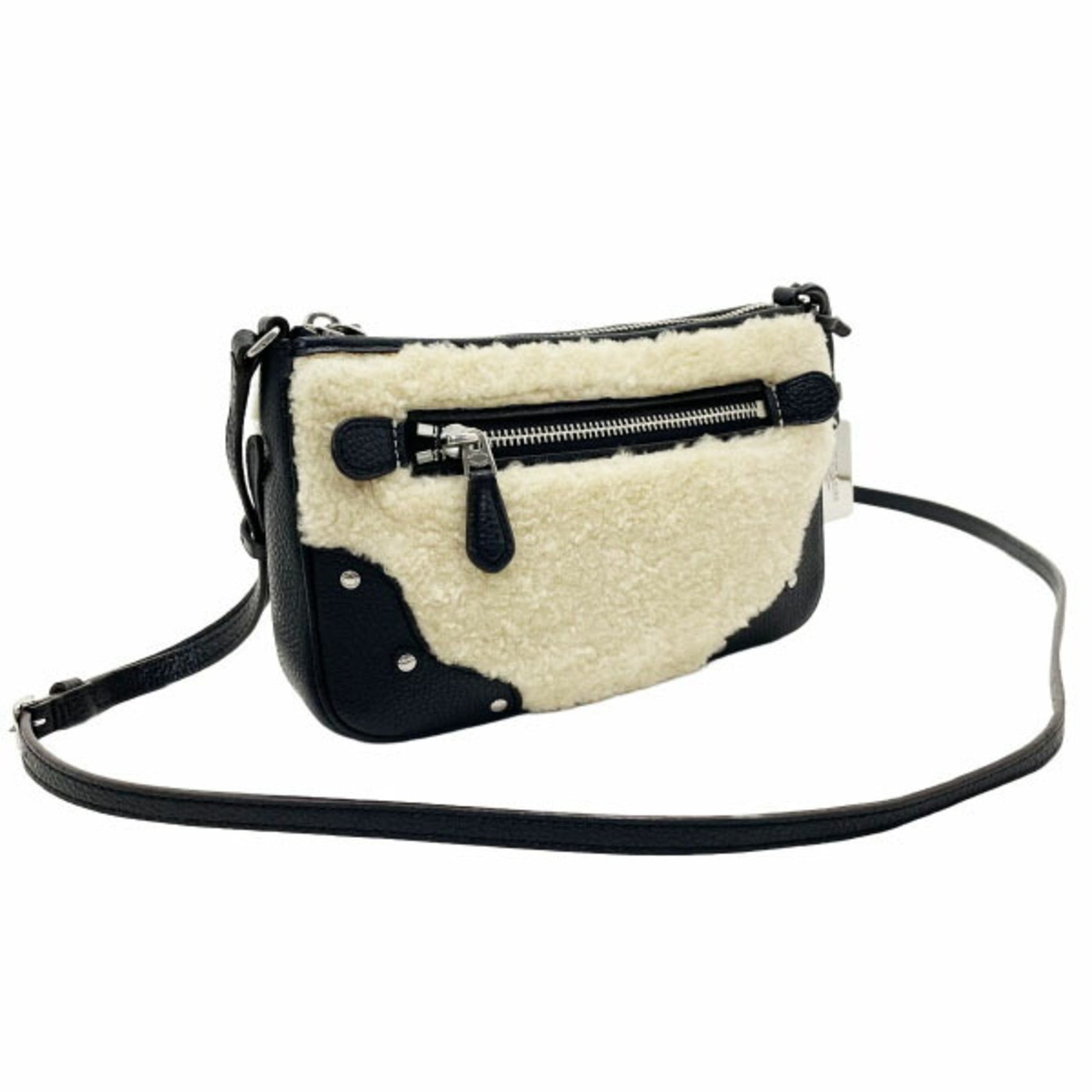 Coach Small Rider Pochette Shoulder Bag in Ivory and Black Boa Leather Studded Crossbody Mini