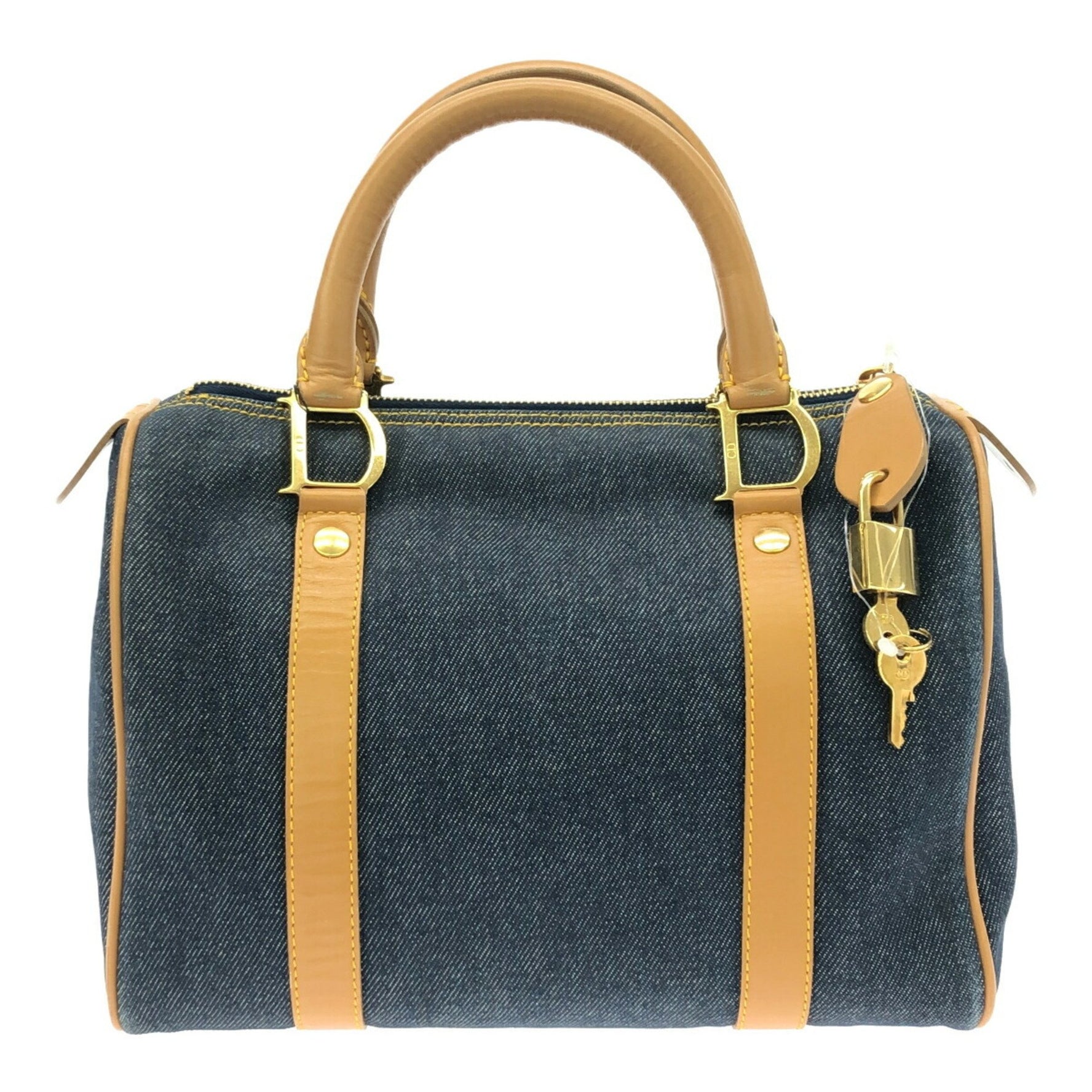 Christian Dior Mini Boston Bag Beige Cotton Leather Denim Padlock Key Mikunigaoka Store