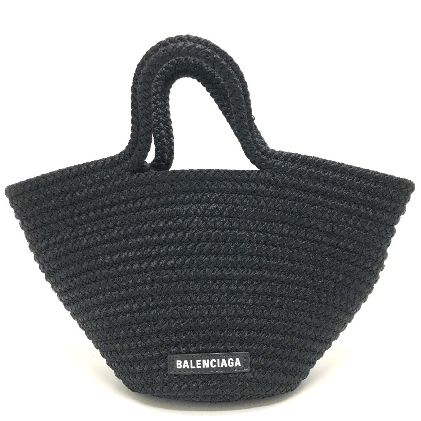 BALENCIAGA Logo Ibiza Basket Bag Small with Strap Black Cord Tote Summer Handbag Nylon Lambskin Women's