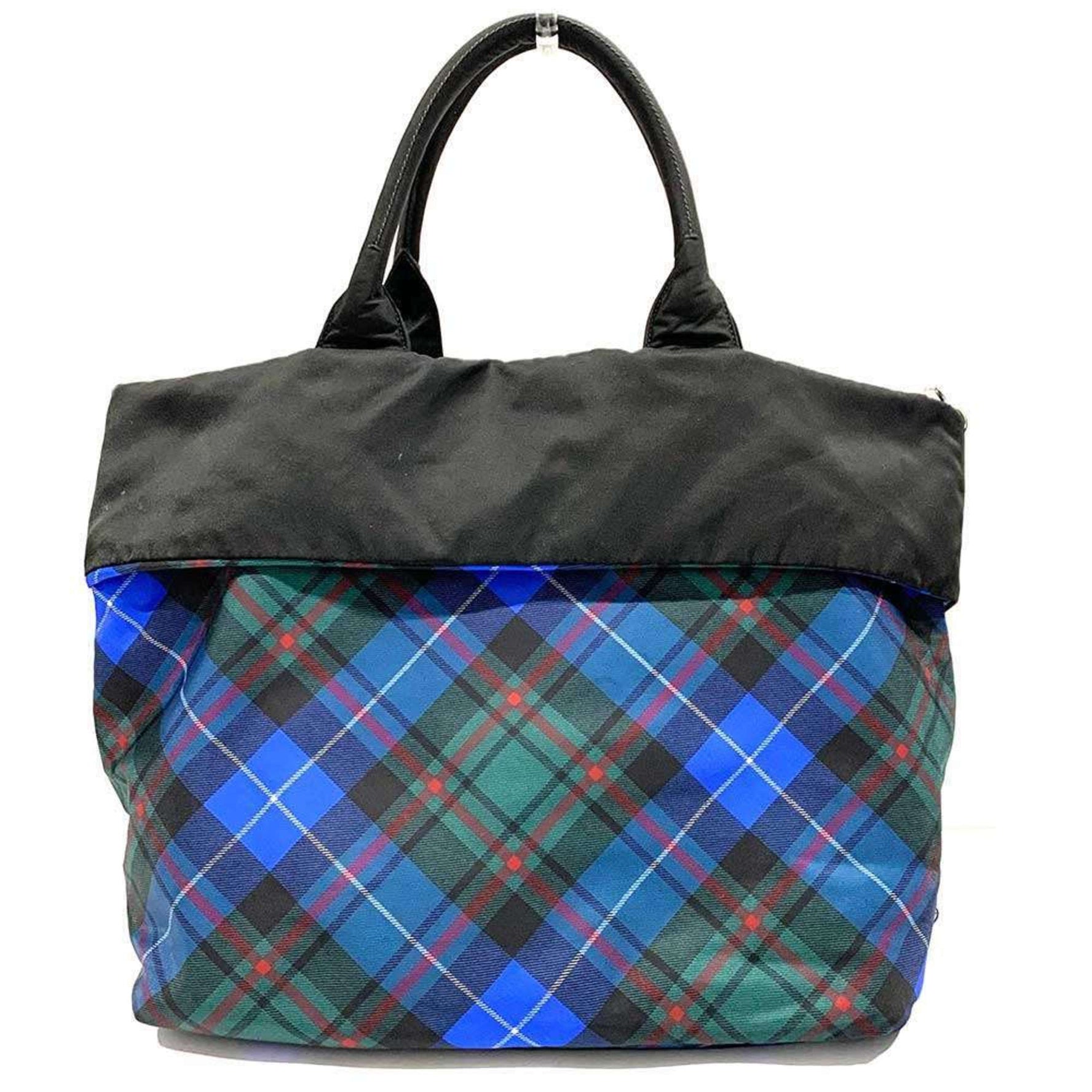 Prada Handbag BR4521 Black Blue Nylon Leather Reversible Check Pattern Shoulder Bag Women's PRADA