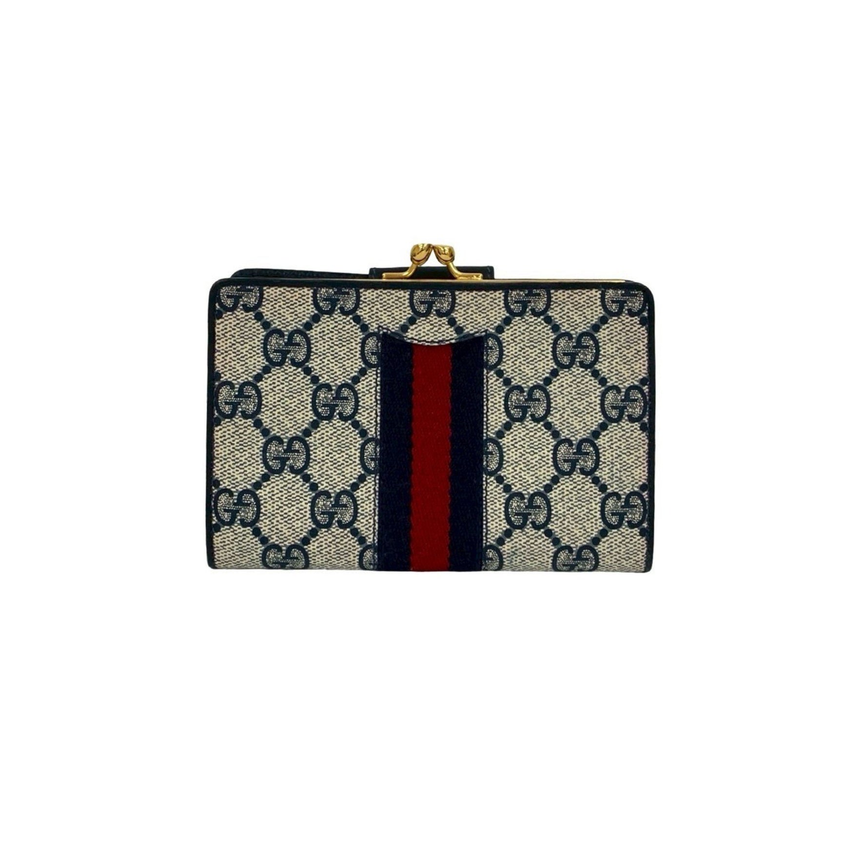 GUCCI Old Gucci Sherry Line Logo Hardware Leather Clasp Bifold Wallet Navy