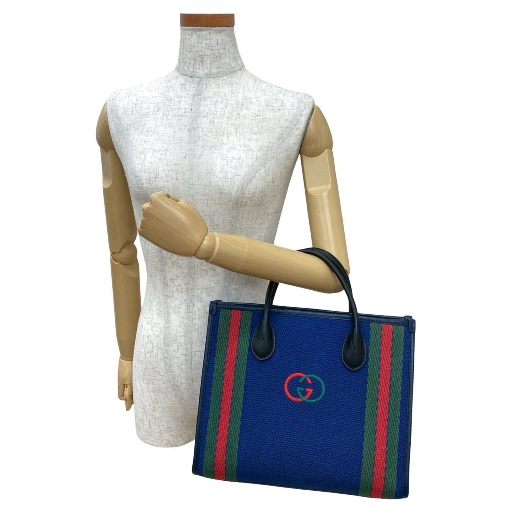 GUCCI Interlocking G Sherry Line Canvas and Leather Handbag/Tote Bag, Blue/Navy, 841-9