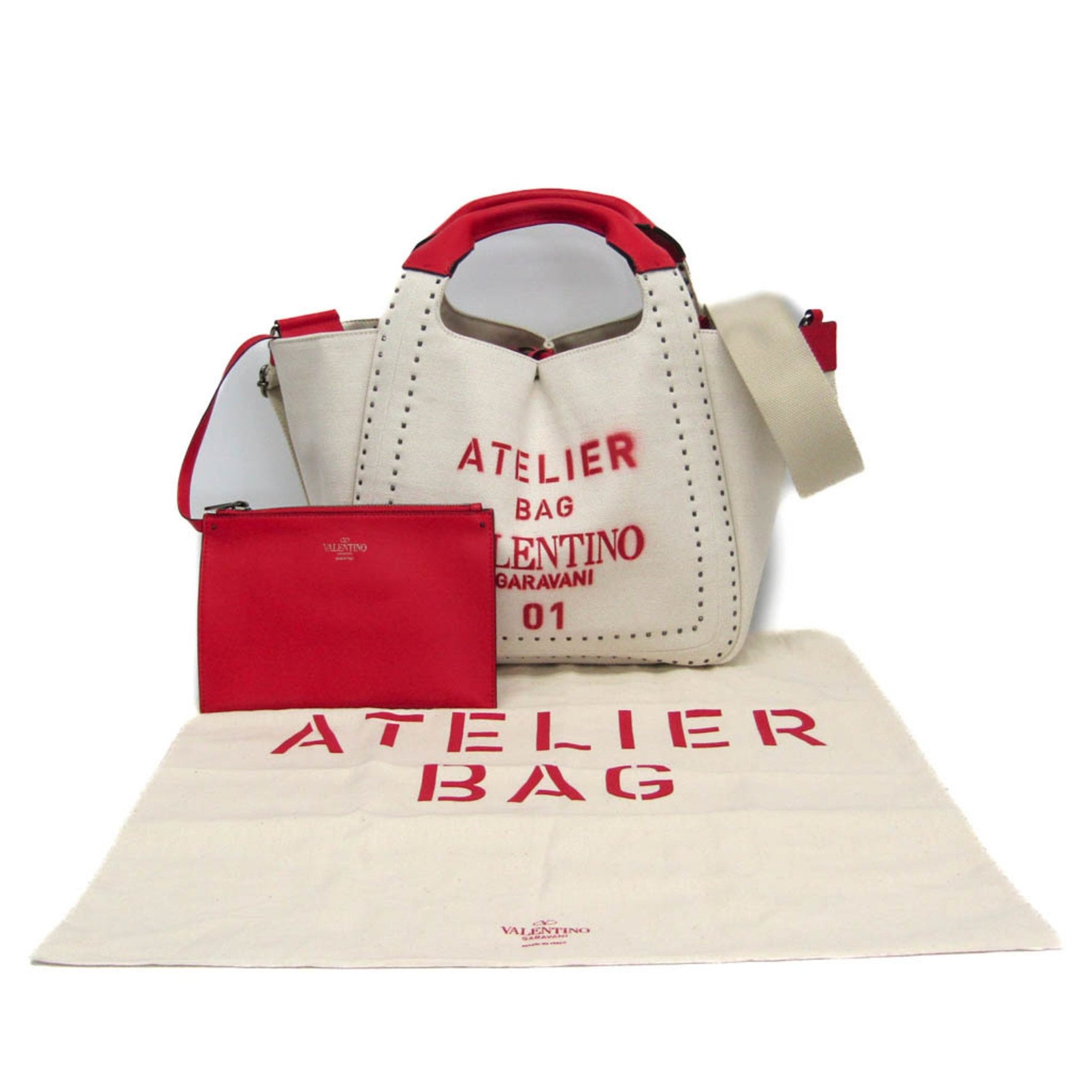 Valentino Garavani Atelier Bag 01 Men,Women Leather,Canvas Shoulder Bag,Tote Bag Red Color,White