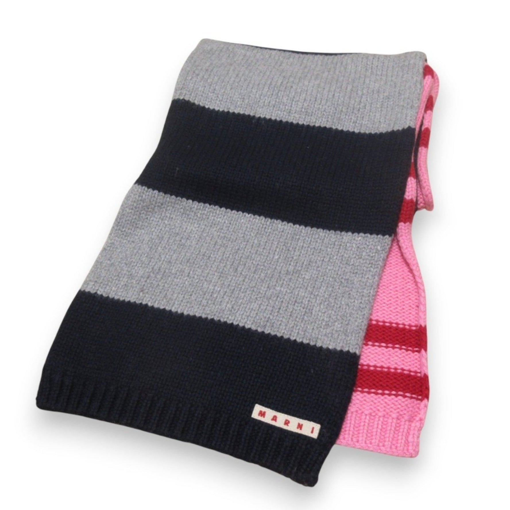 MARNI Wool x Cashmere Blend Striped Long Scarf Size 2 Pink Navy Women's