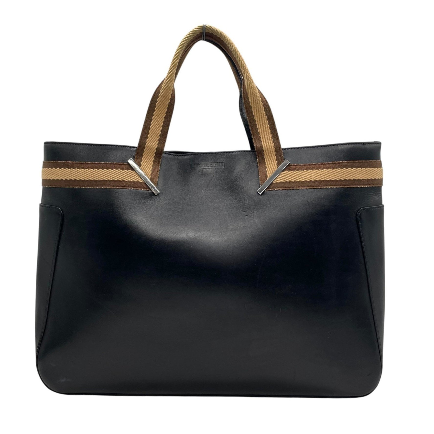 GUCCI Sherry Line Tote Bag, Black Leather, Silver Hardware, Brown and Beige, Magnetic Closure, Men's Women's, K3