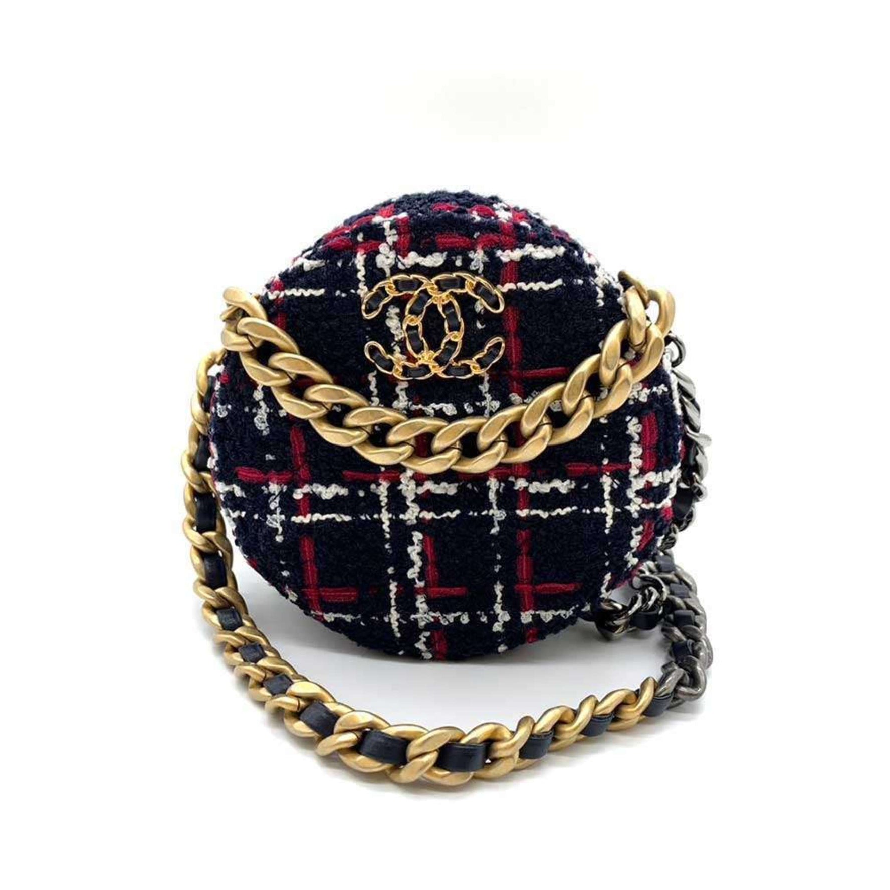 Chanel Bag 19 Round Clutch Chain Shoulder Navy x White Red Checkered Coco Mark Crossbody Pochette Ladies Tweed CHANEL