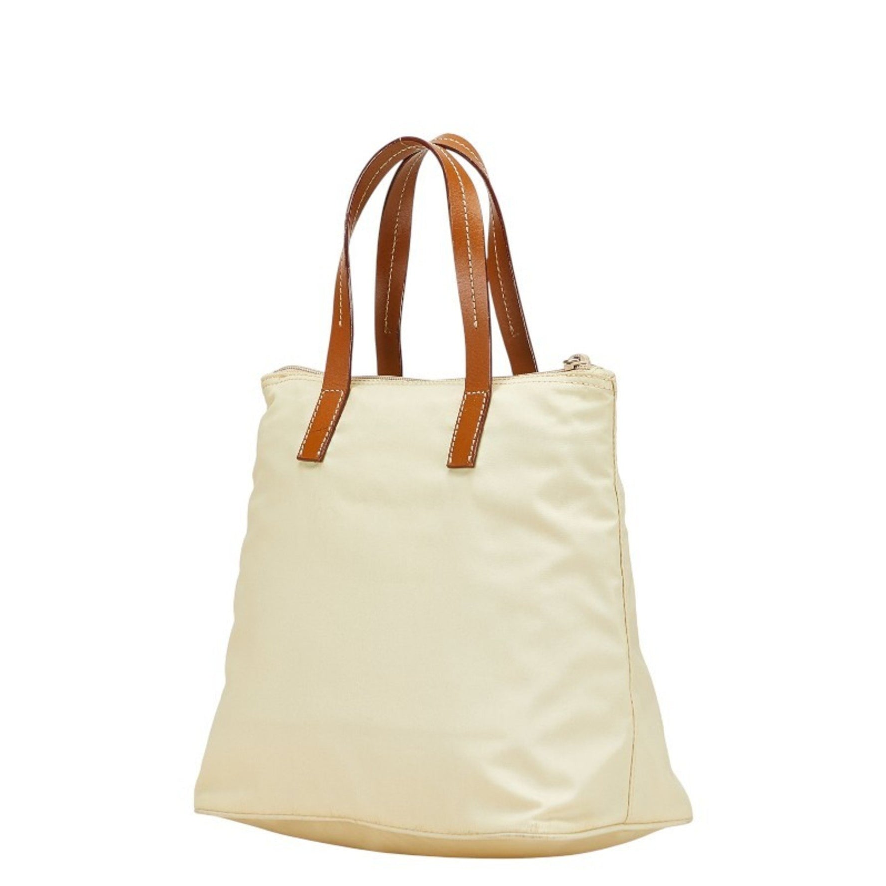 Prada Triangle Logo Plate Tote Bag in Beige and Brown Nylon Leather
