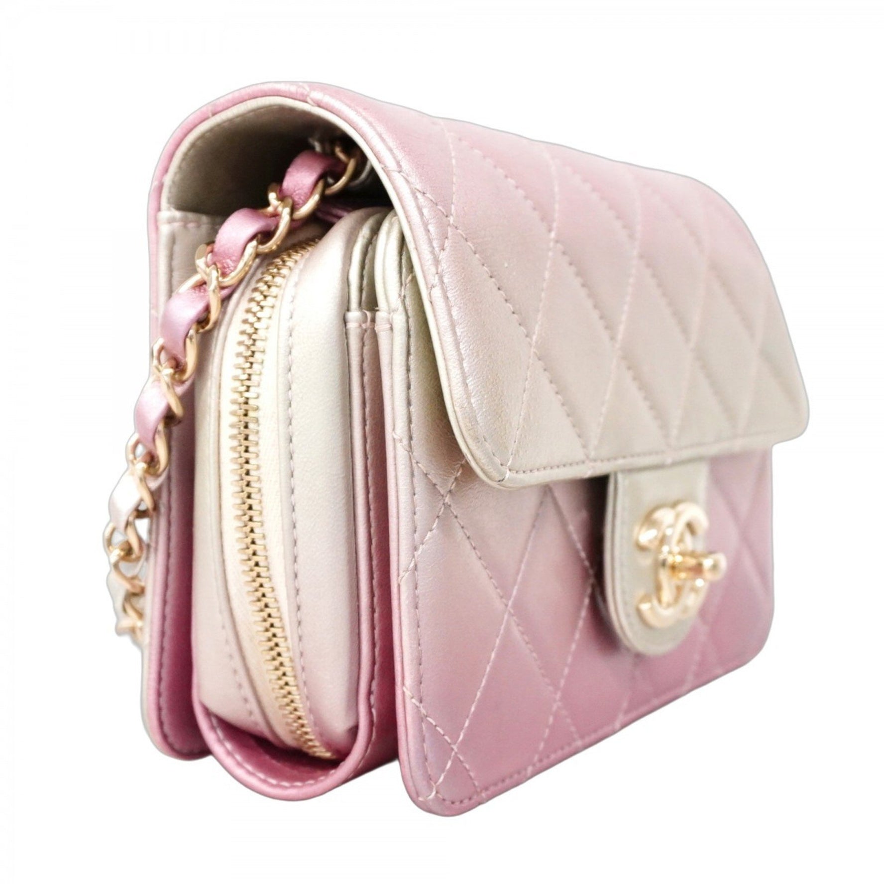 Chanel Matelasse Shoulder Bag with Chain in Lambskin, Pink, Gray, and Champagne