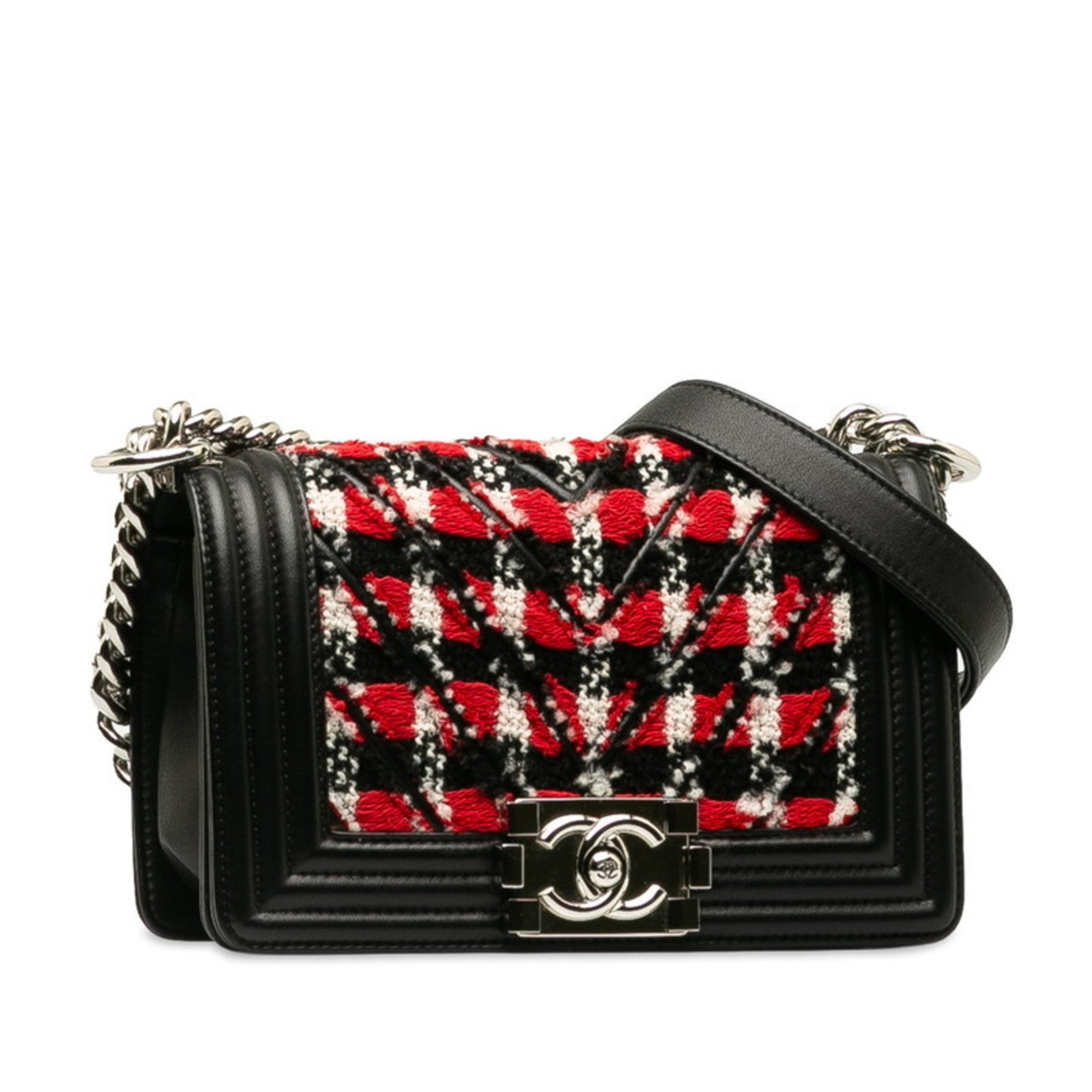 CHANEL Boy Small Chain Shoulder Bag in Black and Red Tweed Leather