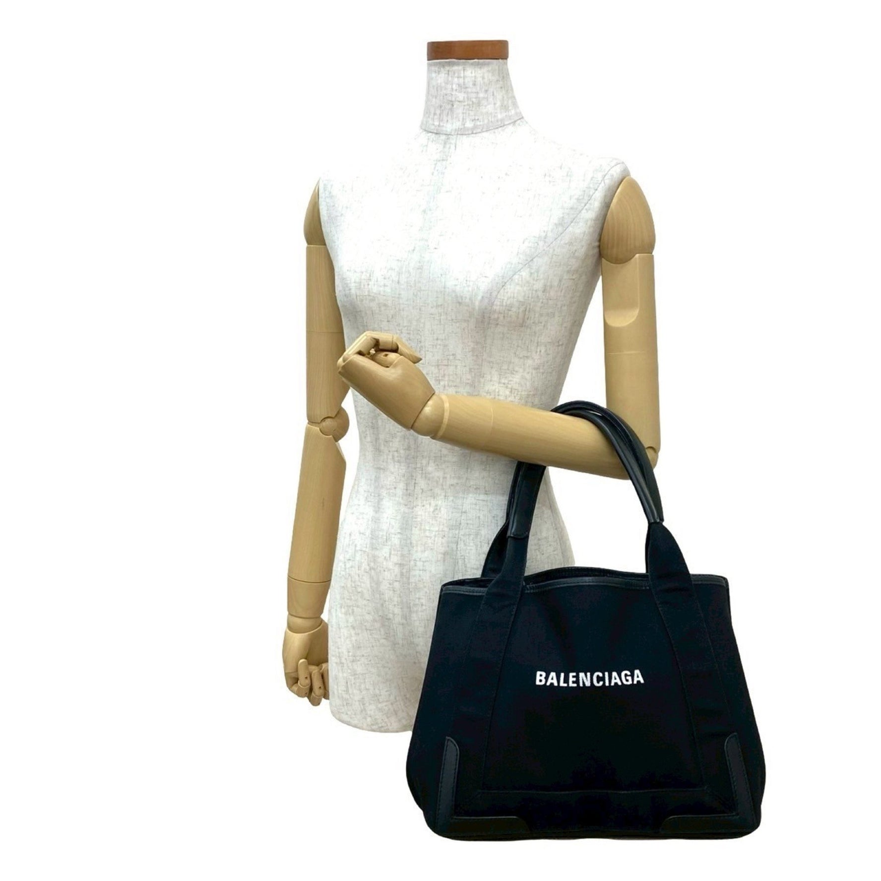 BALENCIAGA Navy Cabas S Logo Canvas and Leather Tote Bag