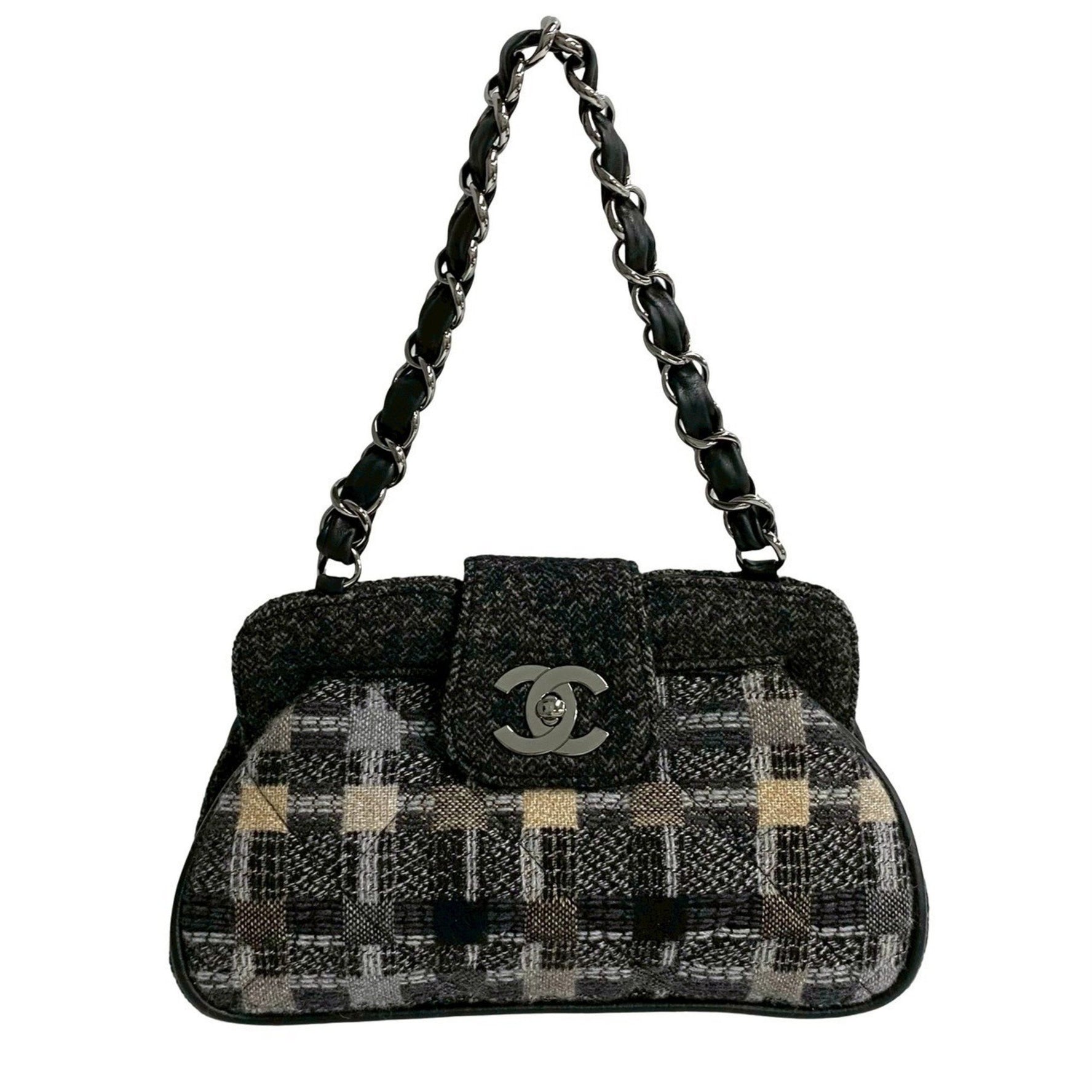 CHANEL Coco Mark Tweed Lambskin Chain Semi-Shoulder Bag Handbag Black