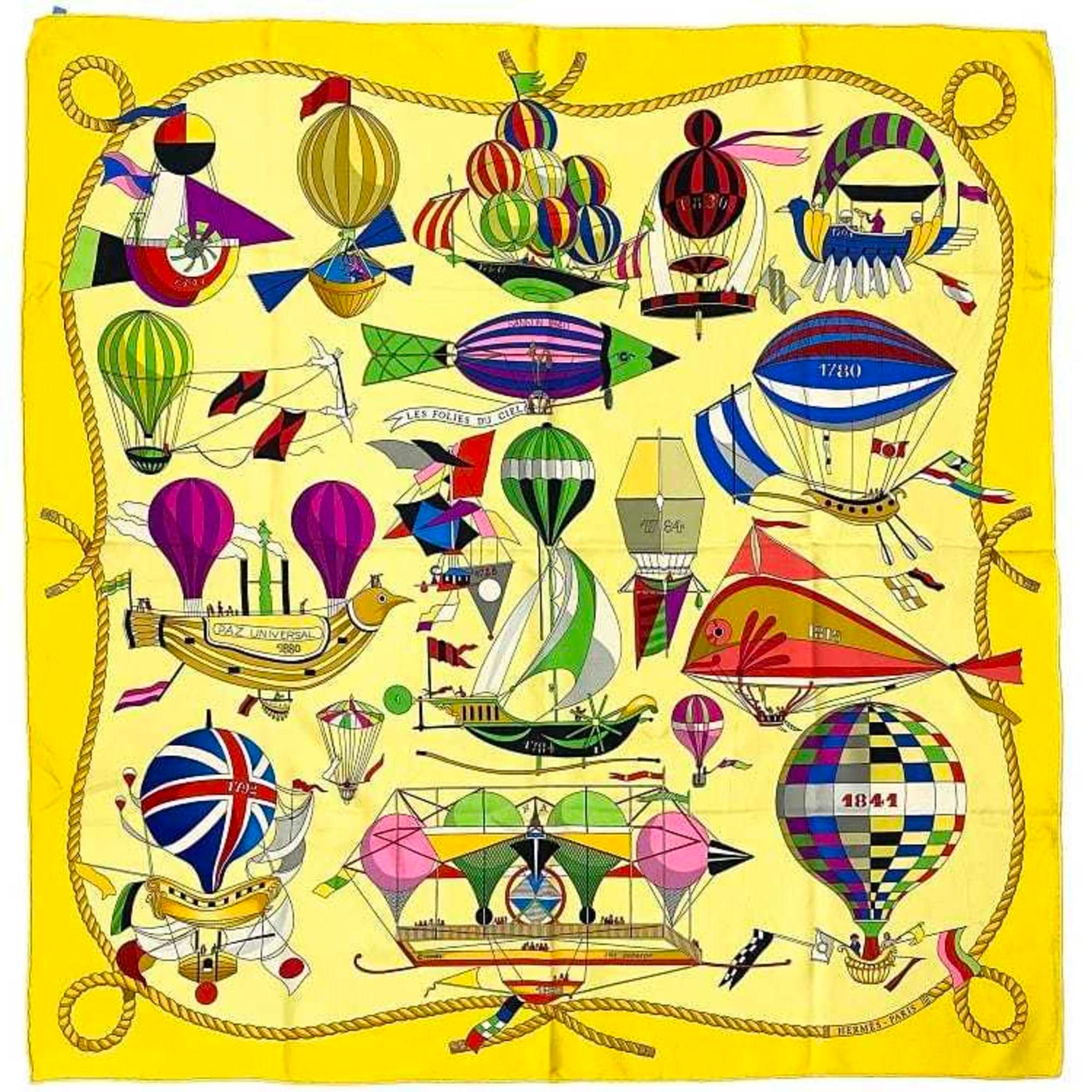 Hermes Scarf Muffler Carre 90 ec-21946 Yellow LES FOLIES DU CIEL Madness in the Sky 100% Silk HERMES Large Size for Women